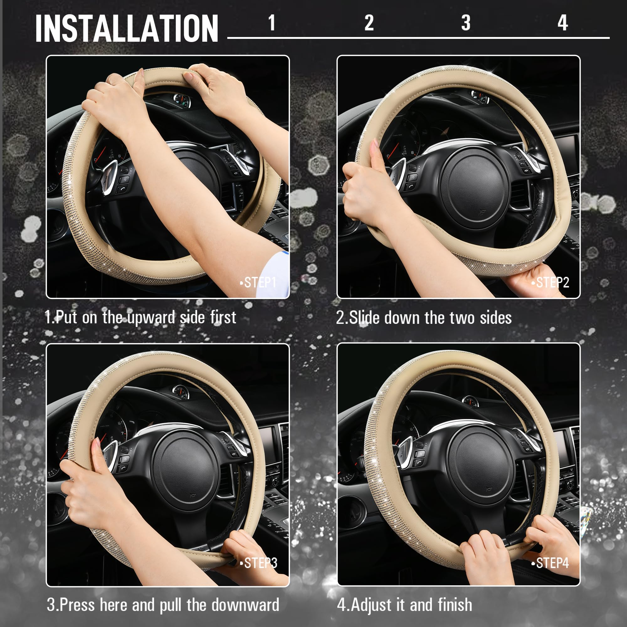 Car Pass Bling Diamond Beige Leather Steering Wheel Cover, White Sparkly Crystal Glitter Rhinestones Universal Fit 14 1/2-15 Car Wheel Protector For Women Girl Fit Suvs,Vans,Sedans,Trucks, Beige