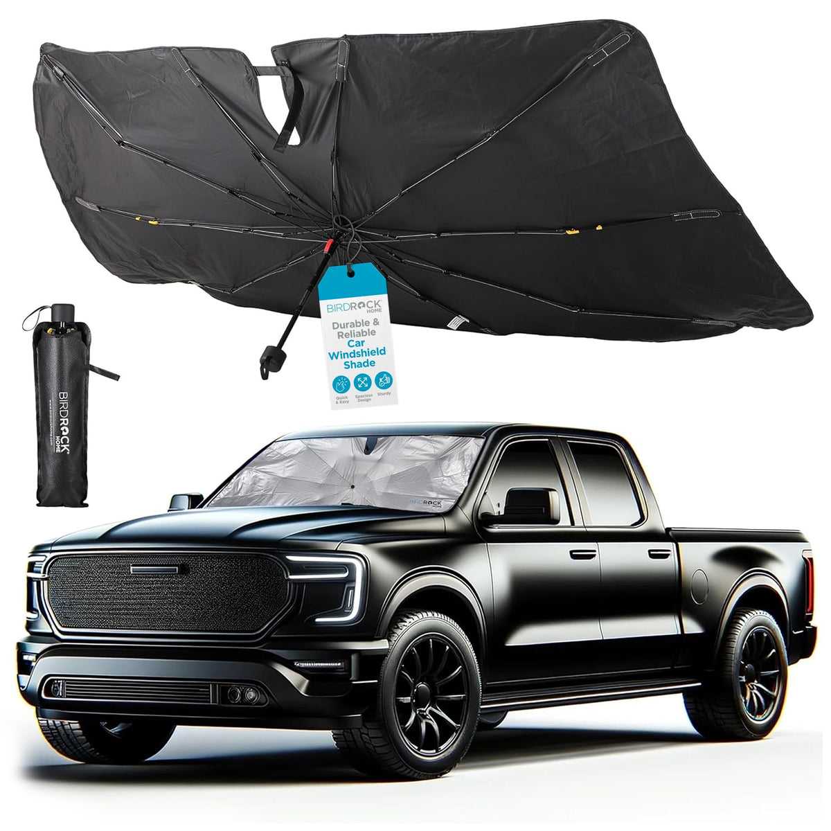 BIRDROCK HOME Car Windshield Sun Shade Umbrella - Foldable Cover UV Block for Front Window, Sunshield for SUV, Truck & Sedan, Pr