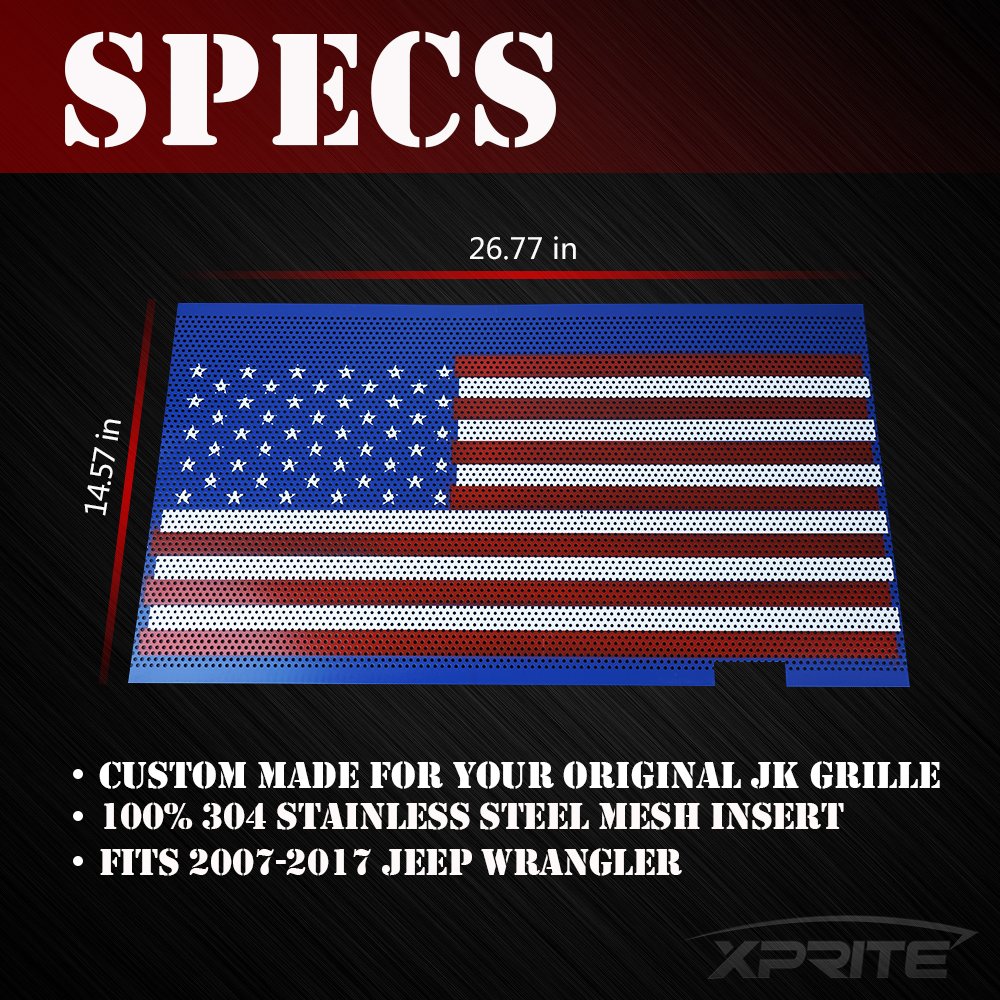 Xprite Grill Mesh Insert American Flag Matte Aluminum Alloy Mesh Grille Grid Compatible With 2007-2018 Jeep Wrangler Jk Jku