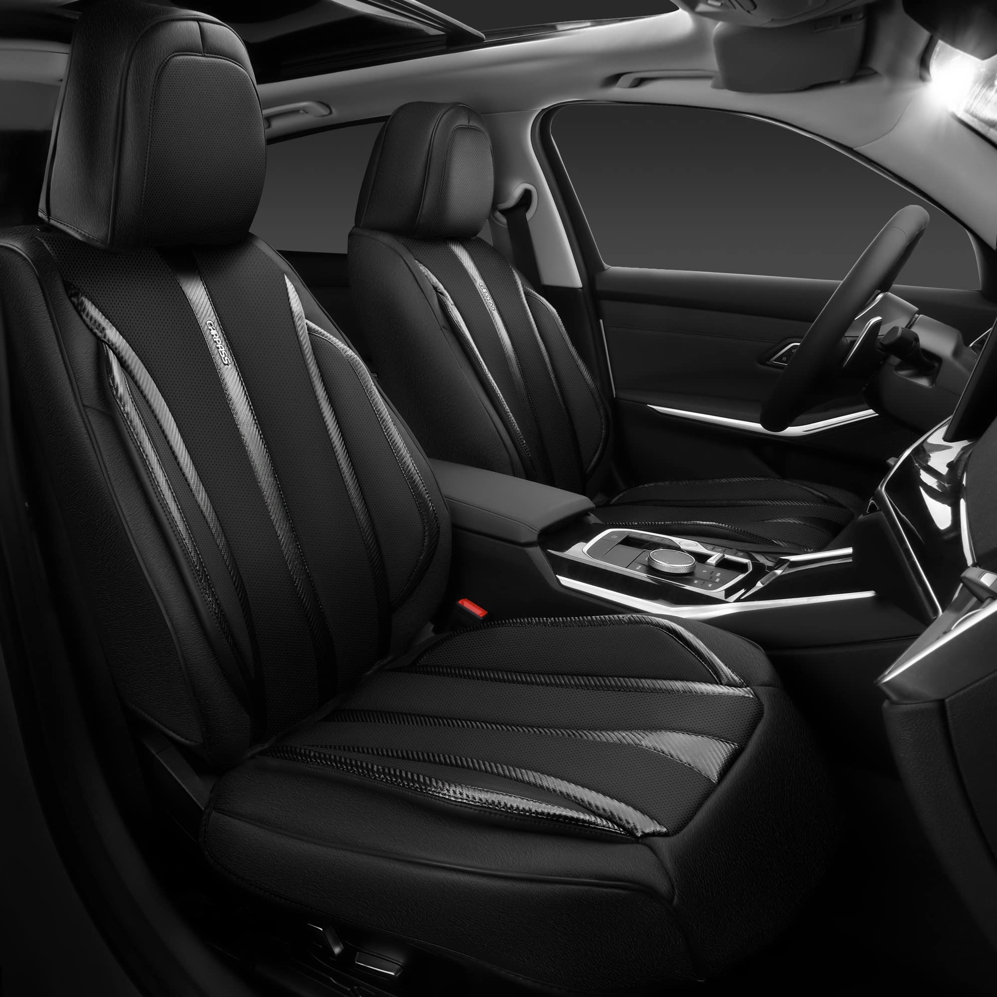 CAR PASS Carbon Fiber Nappa Leather Car Seat Covers Front Only Cushioned Leatherette 2 Piece Padded Waterproof Universal Fit for