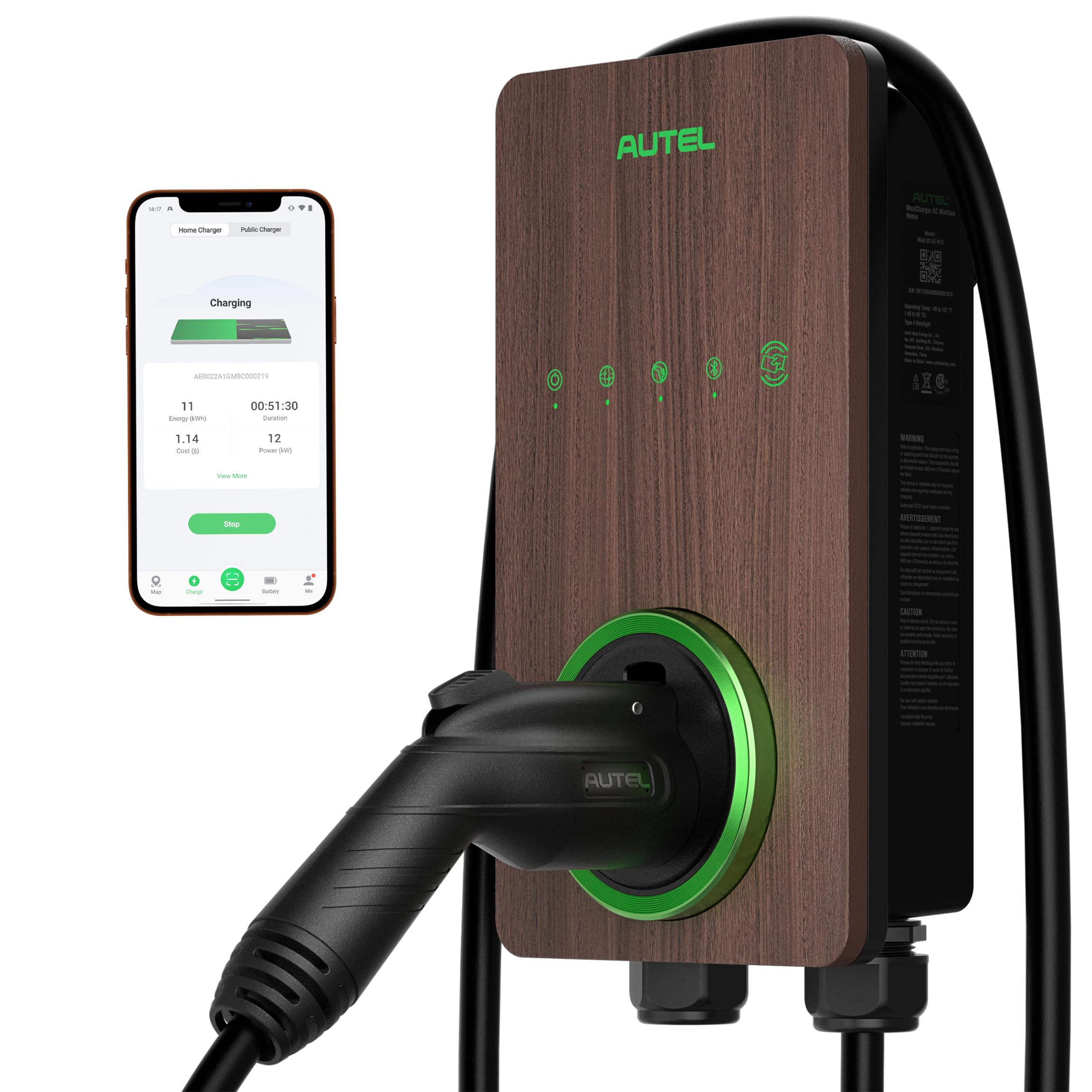 Autel Maxicharger Electric Vehicle (Ev) Charger,240V Indoor/Outdoor Car Charging Station With Level 2, Wood Grain