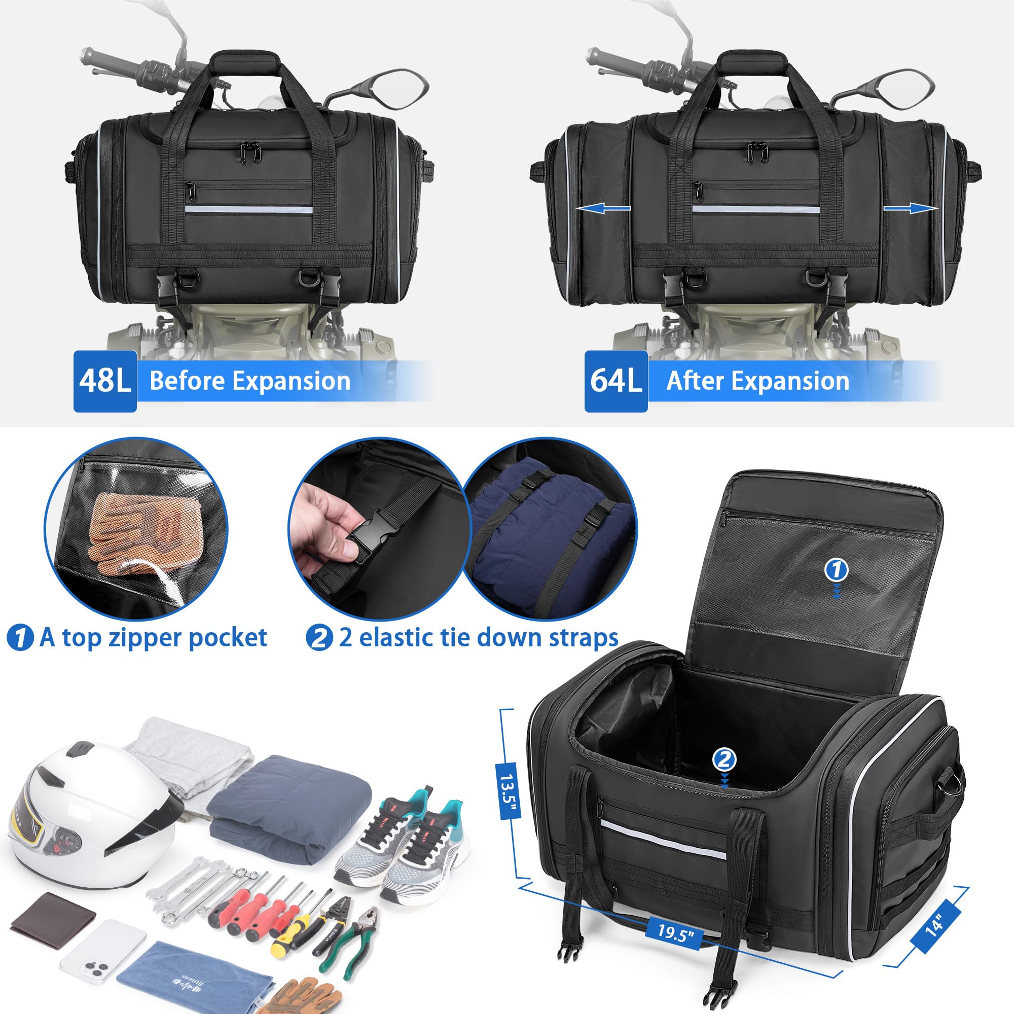 Marscamd Waterproof Motorcycle Tail Luggage Bag, 48L-64L Expandable, a Rain Cover Included, Bag with 4 Rack Mount Straps and Mul