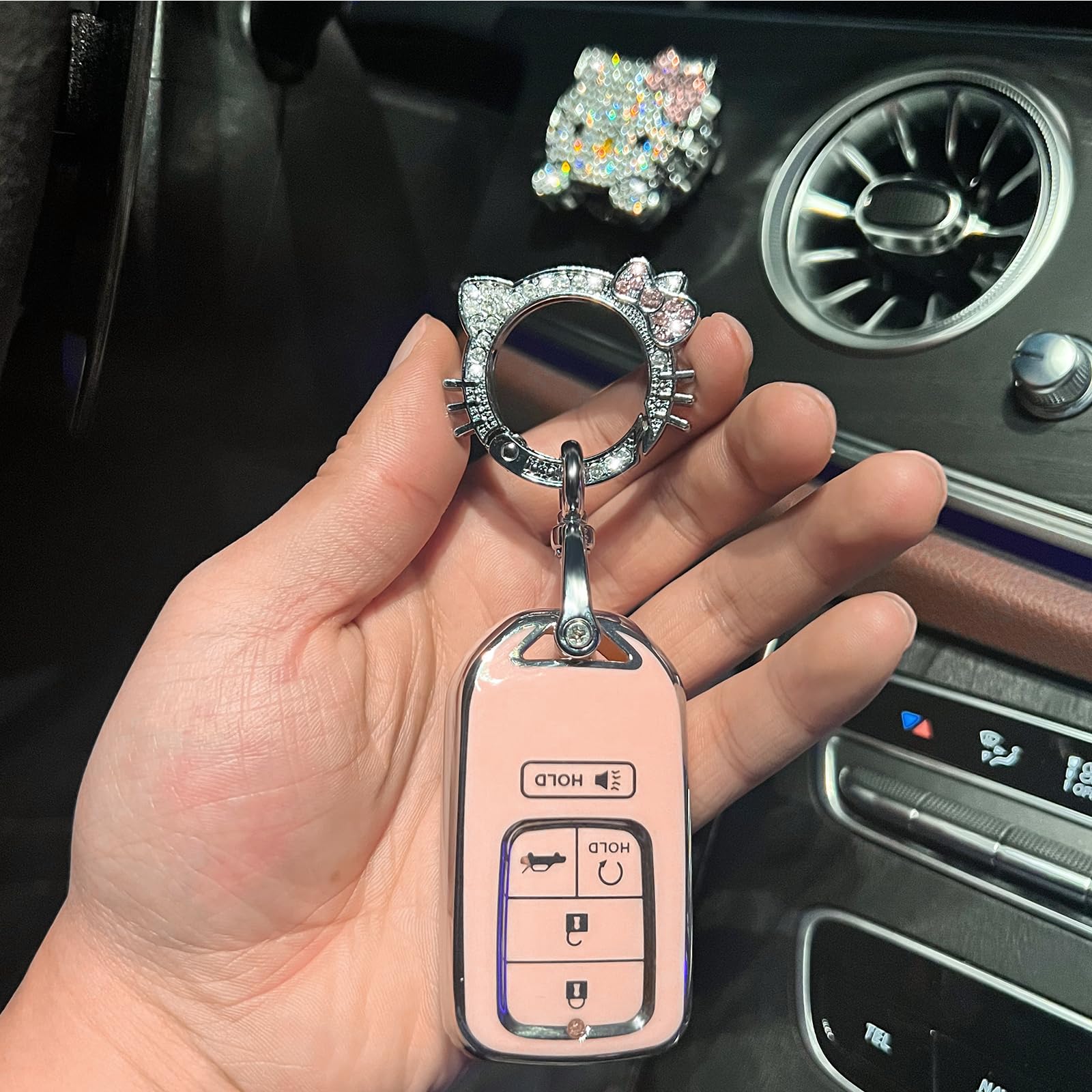 Pangpai Pink Car Accessories 3 Pcs For Honda Accord Civic Crv Pilot Odyssey Key Fob Cover With Bling Keychain Cute Push To Start