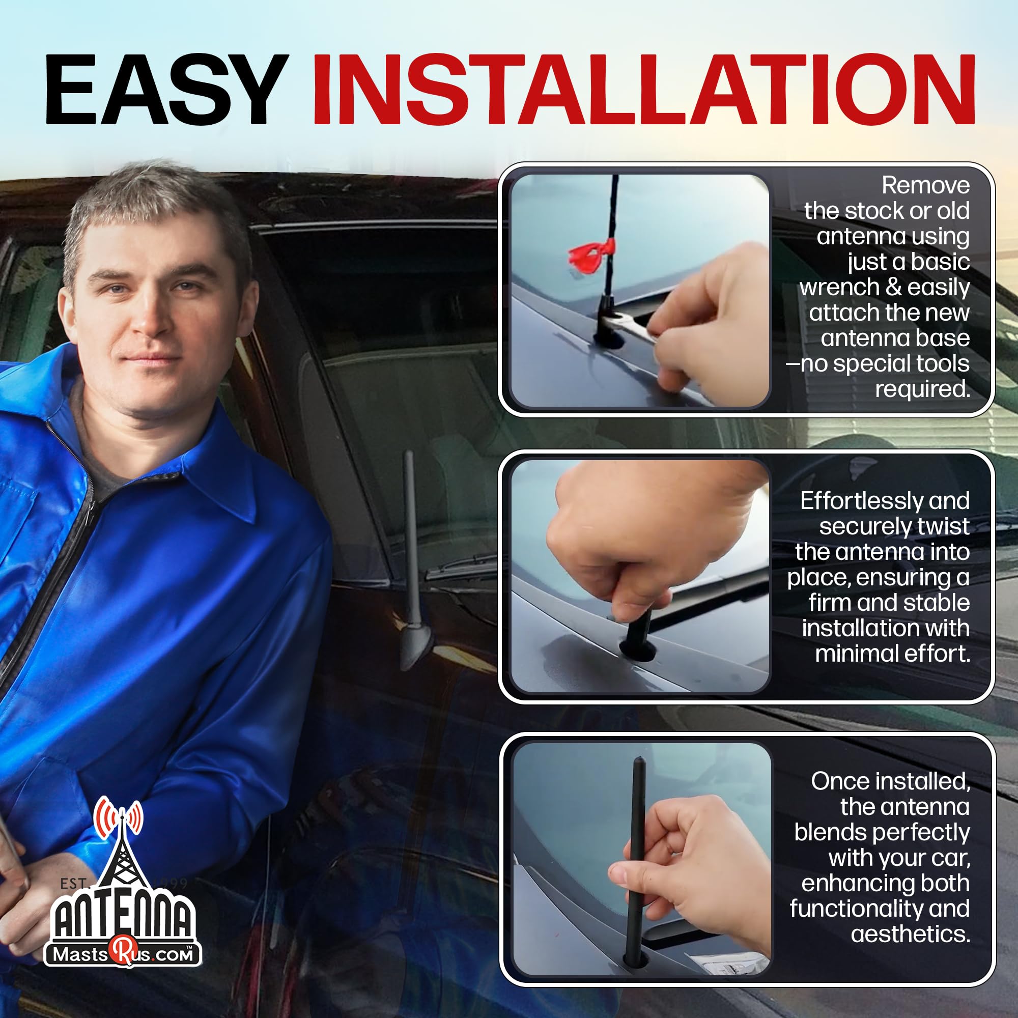 Antennamastsrus - Short Rubber Antenna Fits Toyota Fj Cruiser (2007-2015) - Usa Stainless Steel Threading - The Original 6 3/4 Inch Accessories - Car Wash Proof - Internal Copper Coil