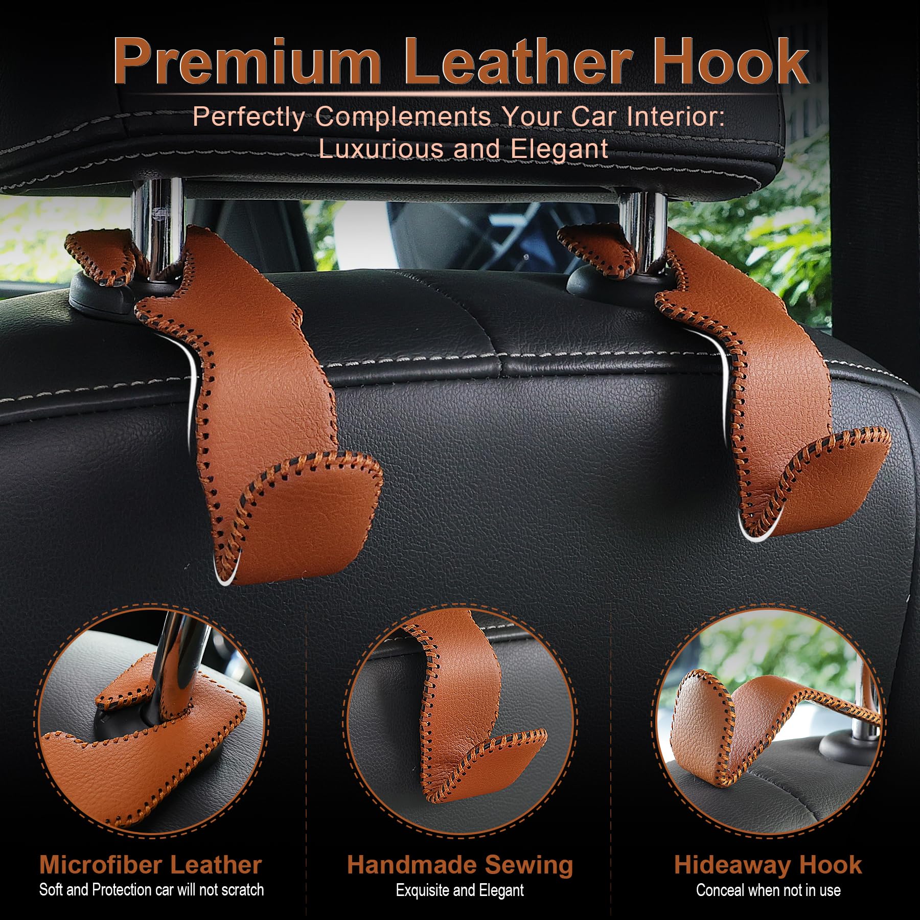 Livtee Brown Superior Leather Car Seat Back Headrest Hook, Auto Seat Hook Hangers Interior Accessories For Purse Coats Umbrellas