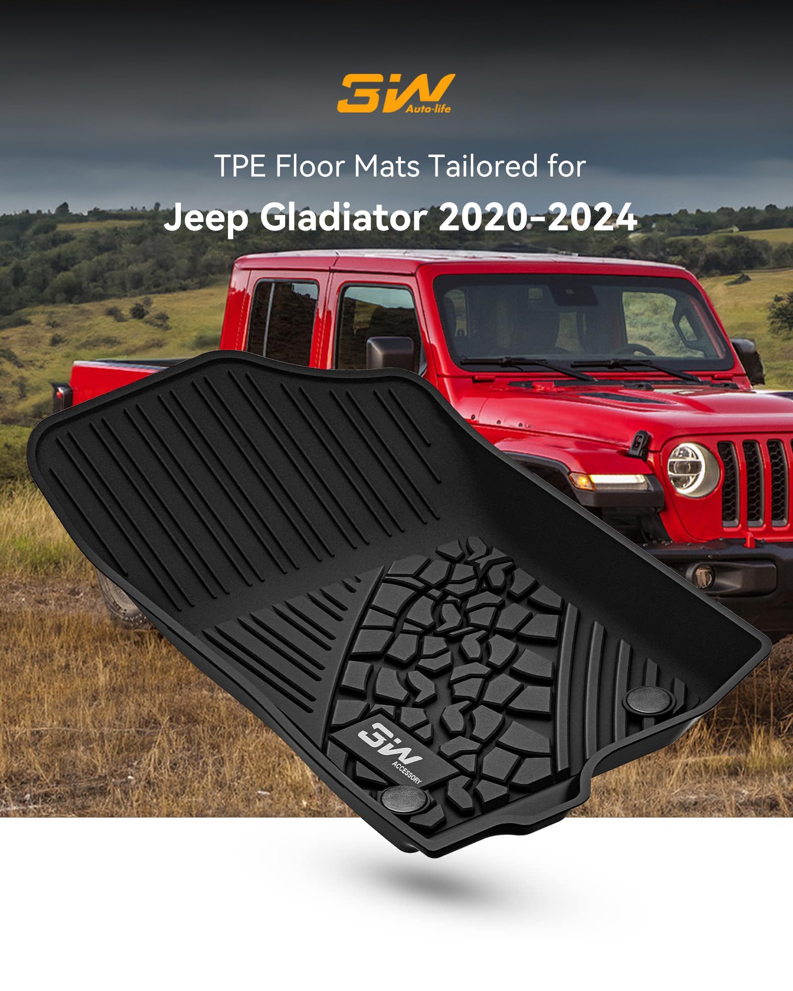 3W Floor Mats Compatible For Jeep Gladiator 2020-2024, Tpe All Weather Custom Fit Floor Liner For Jeep Gladiator,1St & 2Nd Row Full Set Car Liners With Grey Logo, Black