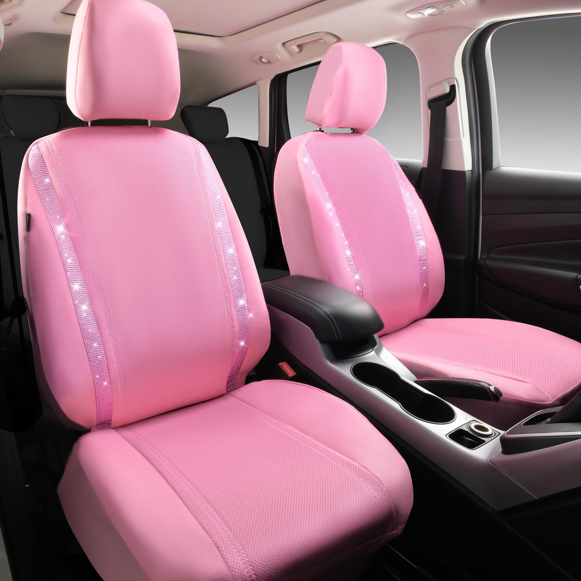 Car Pass Bling Car Seat Covers Full Set, Shining Rhinestone Diamond Waterproof Faux Leather, Rear With Zipper, Universal Fit Automotive Glitter Crystal Sparkle Strips For Cute Women Girl, Pink