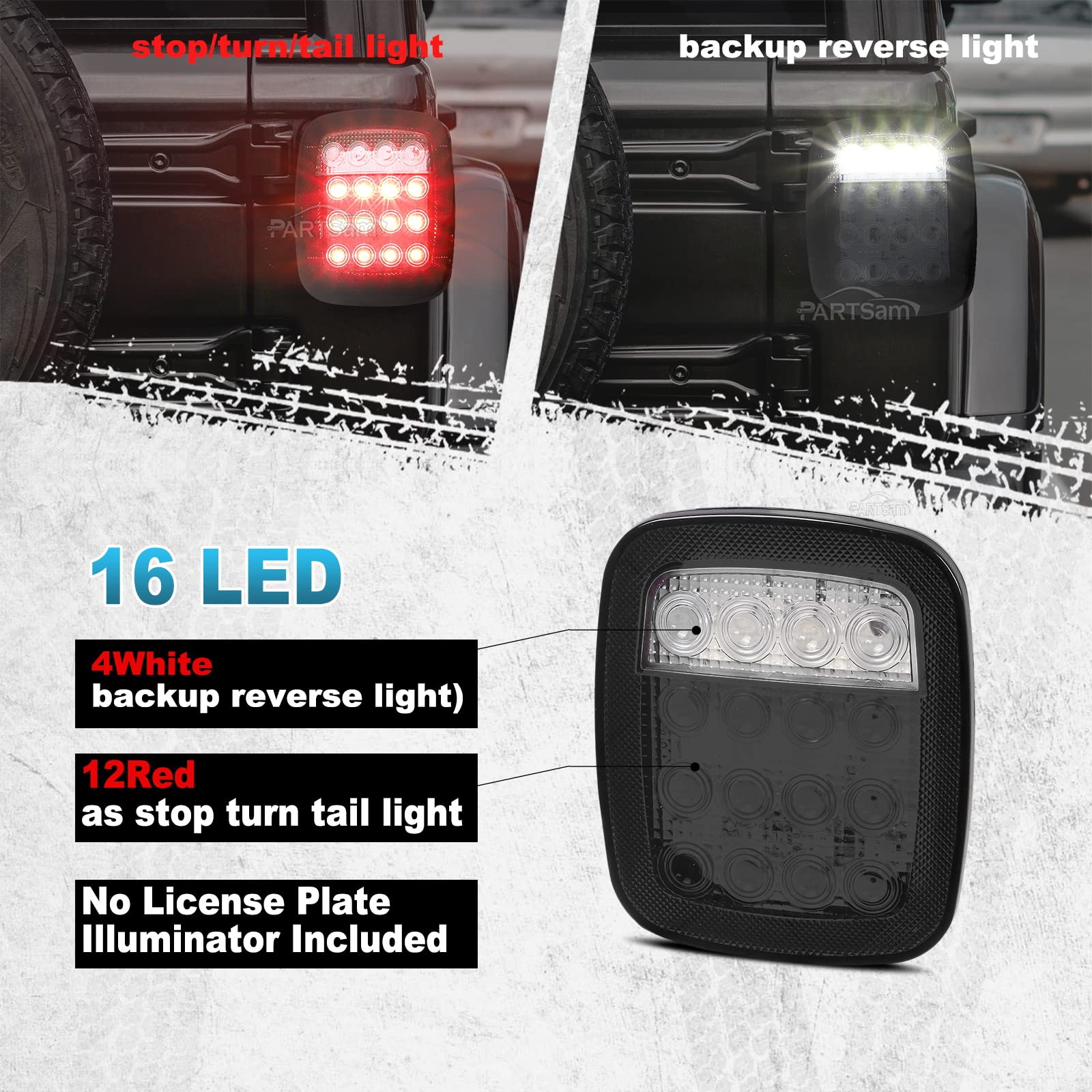 Partsam 2X Led Tail Lights 16Led Stop Brake Turn Reverse Tail Light Combination 12-5050 Red 4-5050 White Smoke Lens Compatible With Wrangler Yj Tj Cj Pick-Up Truck Trailer Rv
