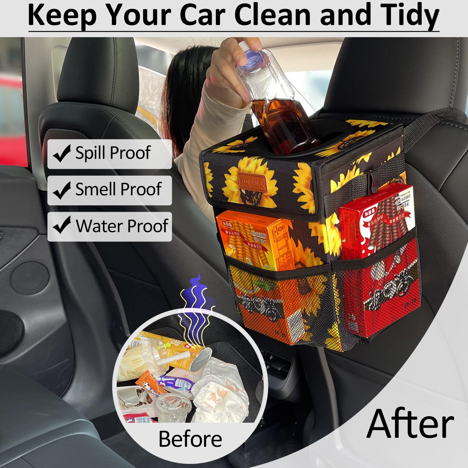 Elongriver Car Trash Can Bin For Car Back Seat Leak Proof, Cute Car Trash Bag Hanging, Vehicle Trash Can For Suv Truck Van, Automotive Car Garbage Cans Front Seat Sunflower Floral