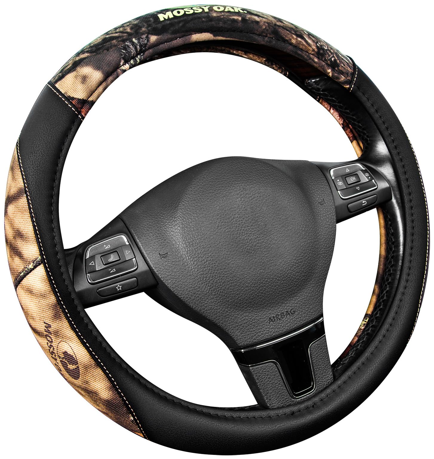 Mossy Oak Camo Steering Wheel Cover - Pu Leather And Cotton Twill, Universal Fit 14 1/2 Inches To 15 Inches - Officially License