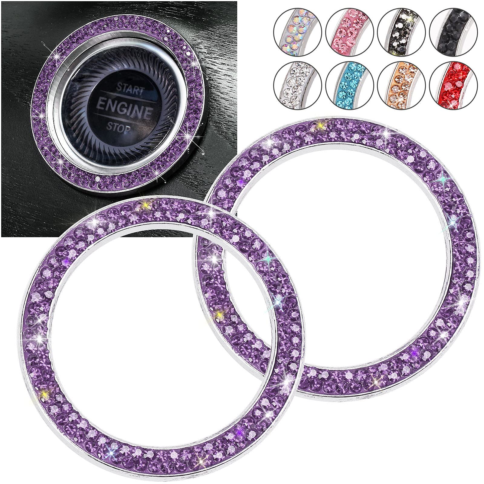 Tobequeen Purple Car Bling Ring, Diamond Rhinestone Push Start Emblem Sticker, Interior Crystal Car Decor,Bling Car Accessories(