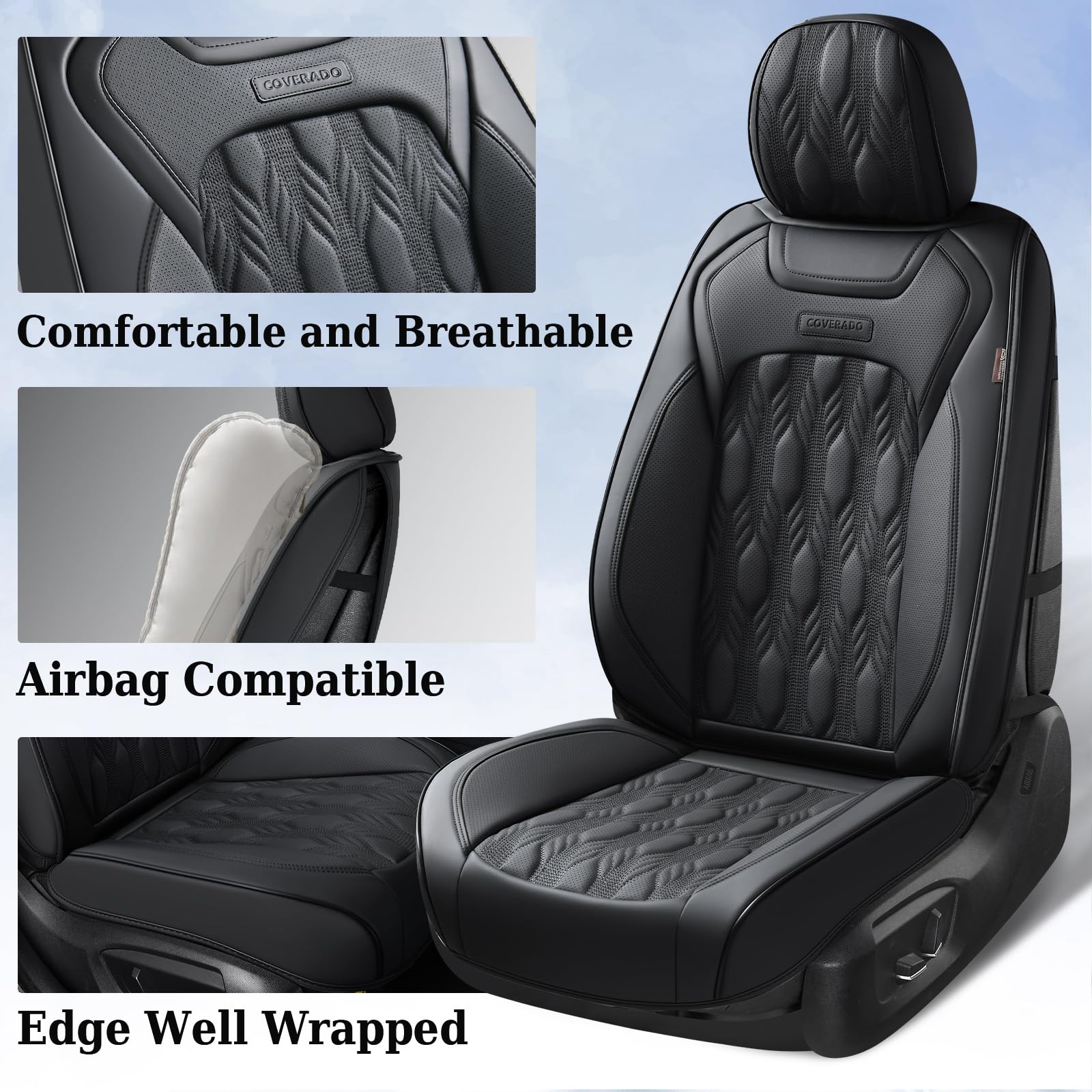 Coverado Front Car Seat Covers, 2 Pcs Waterproof Leather Seat Covers For Cars, Sideless Black Seat Covers Auto Seat Cushions Wit