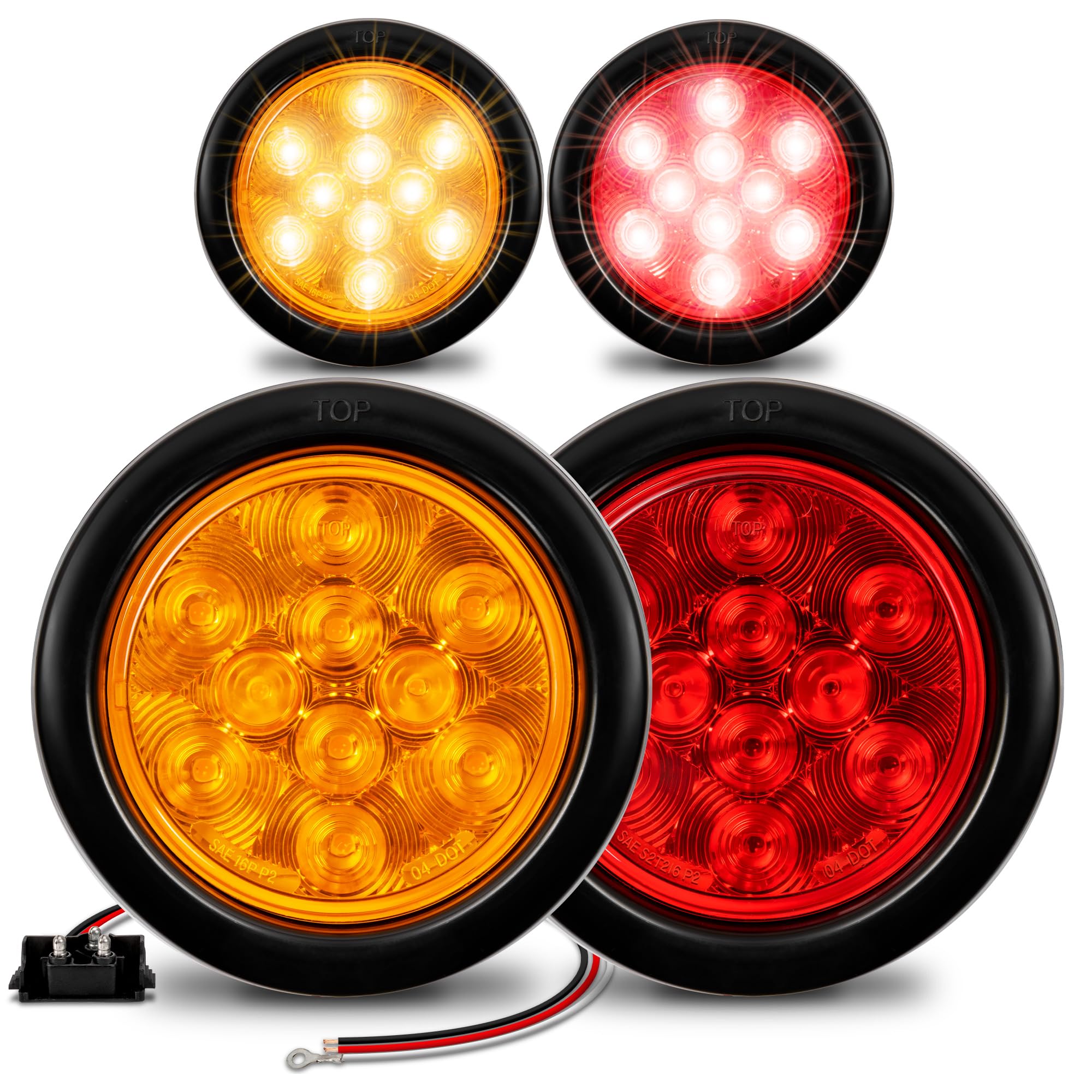 TRUE MODS 2 Red + 2 Amber 4 Round 10 LED Trailer Tail Light Kit [DOT Certified] [Grommet & Plug] IP67 Waterproof Stop Brake Turn