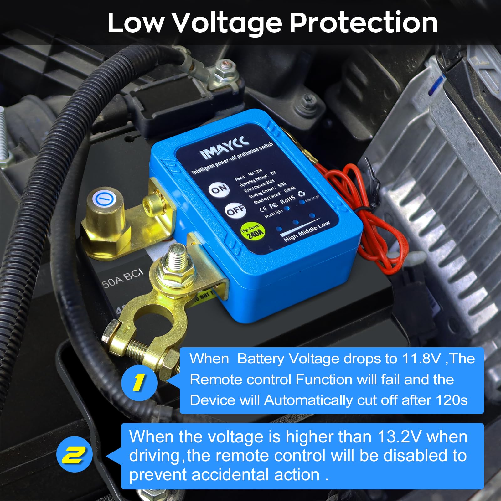 IMAYCC Kill Switch for Car, Remote Battery Disconnect Switch 12V 240A, Car Battery Kill Switch Anti Theft, Automatic Cut/Shut Of
