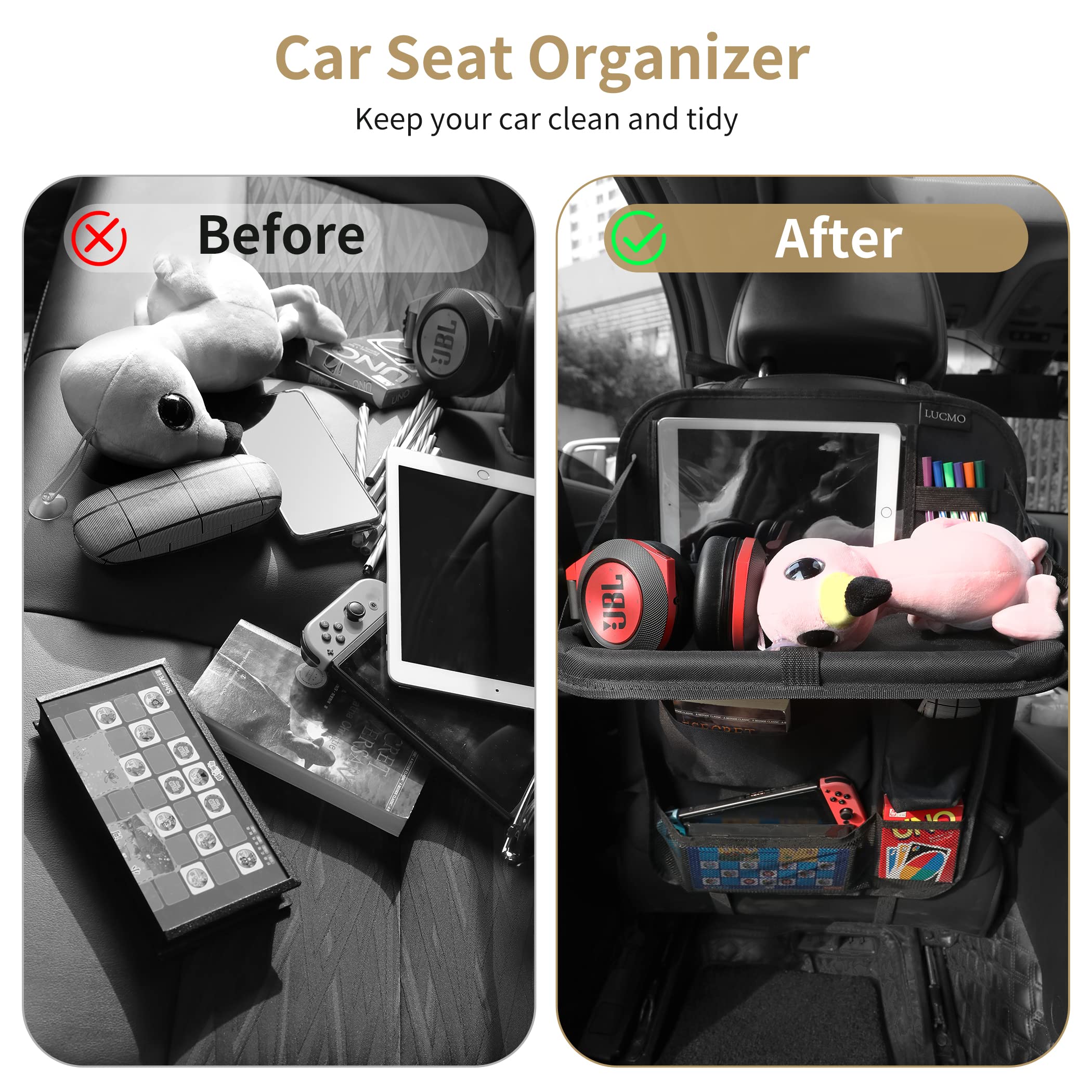 Lucmo Car Backseat Organizer With Touch Screen Tablet Holder,9 Storage Pockets Storage Organizer,Protectors Kick Mats Travel Acc