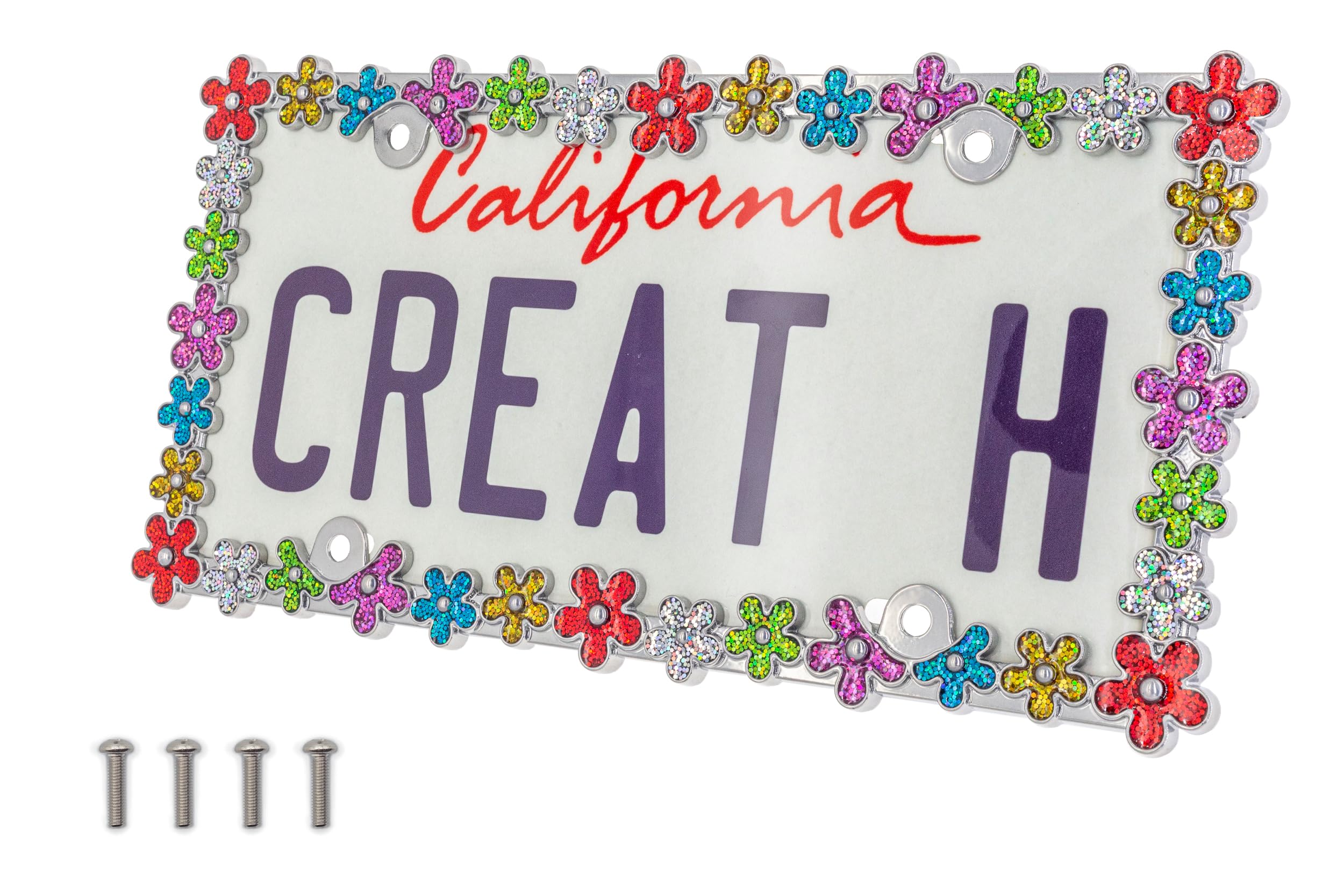 Creathome 3D Shining Daisy Wrenth License Plate Frame From Pure Zinc Alloy Metal Perfect Plate Holder,Matt Black With Pink Glitt