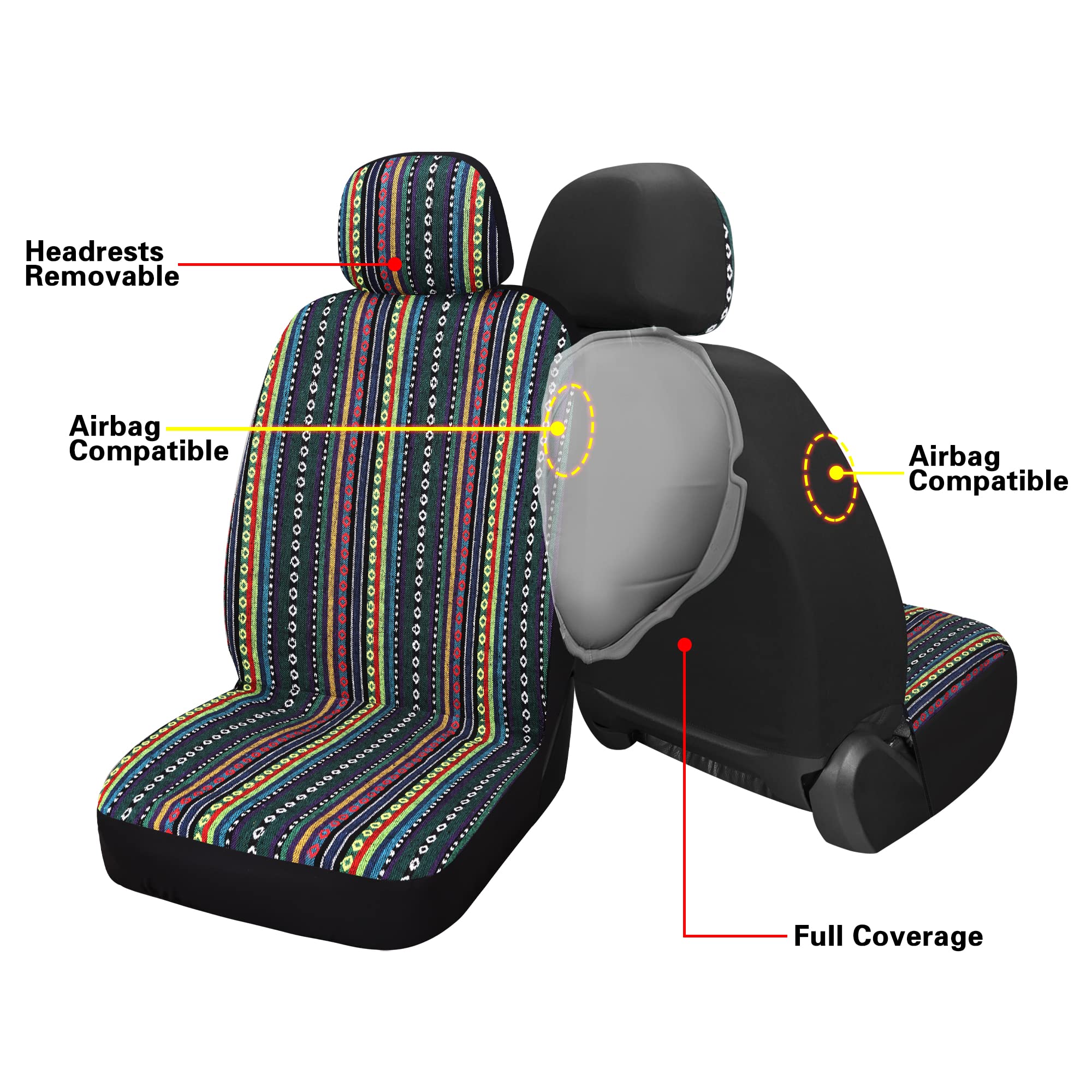 Pariitadin Baja Saddle Blanket Car Seat Covers Full Set With Seat Belt Pads, Washable Breathable Striped Woven Cloth Seat Covers