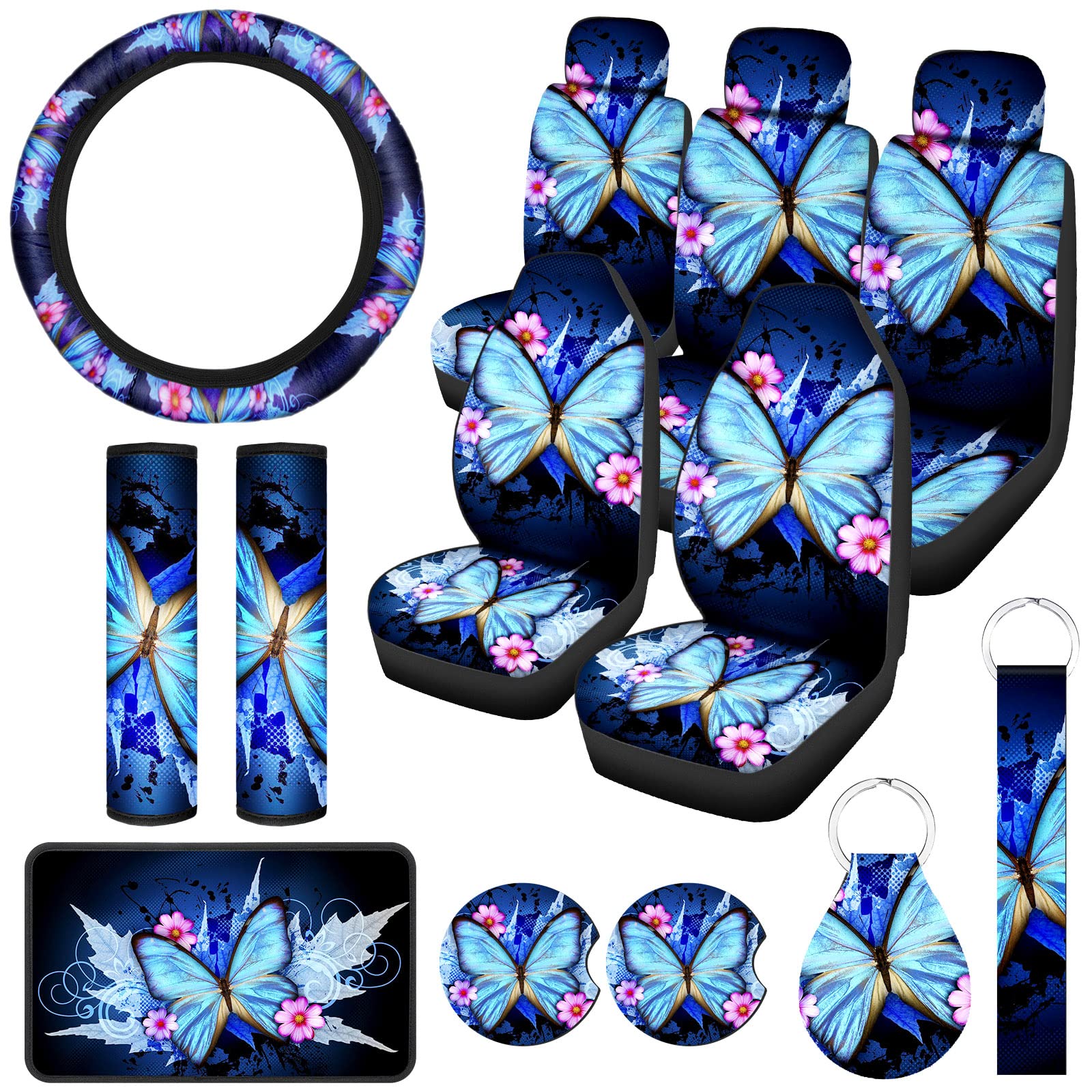 15 Pcs Butterfly Car Seat Covers Full Set Butterfly Car Seat Covers for Car Front Rear Seat Covers Steering Wheel Cover Wrist St