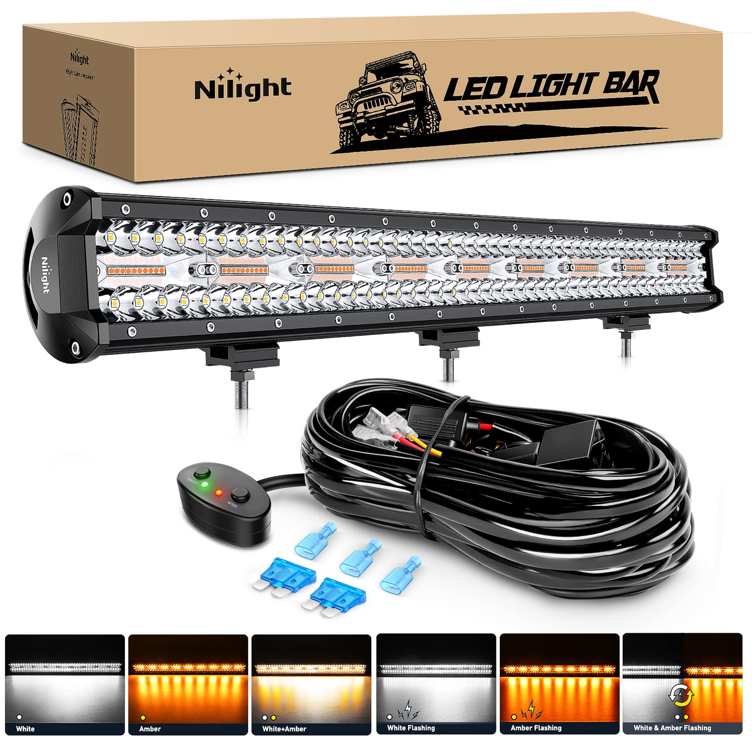 Nilight 26Inch 540W Led Light Bar Spot Flood Amber White Strobe 6 Modes With Memory Function Off-Road Truck Car Atv Suv Cabin Bo