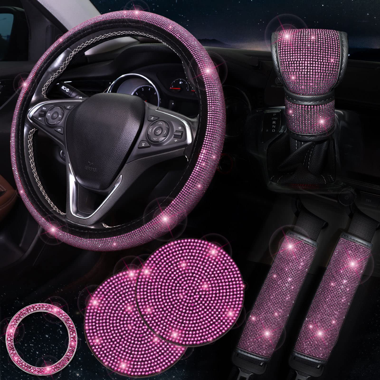 Tobequeen Bling Pink Steering Wheel Cover Set Bling Car Accessories Set,Steering Wheel Cover Fit 15Inch, Sparkling Shoulder Pad, Rhinestone Gear Shift Cover And Cup Holder, 7 Pack, Pink