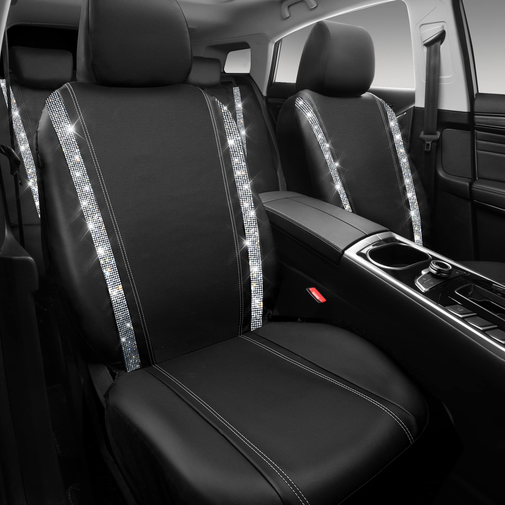 CAR PASS Bling Car Seat Covers, Shining Rhinestones Diamond Waterproof Faux Leather, 7 Seats 3 Rows with Zipper Glitter Crystal