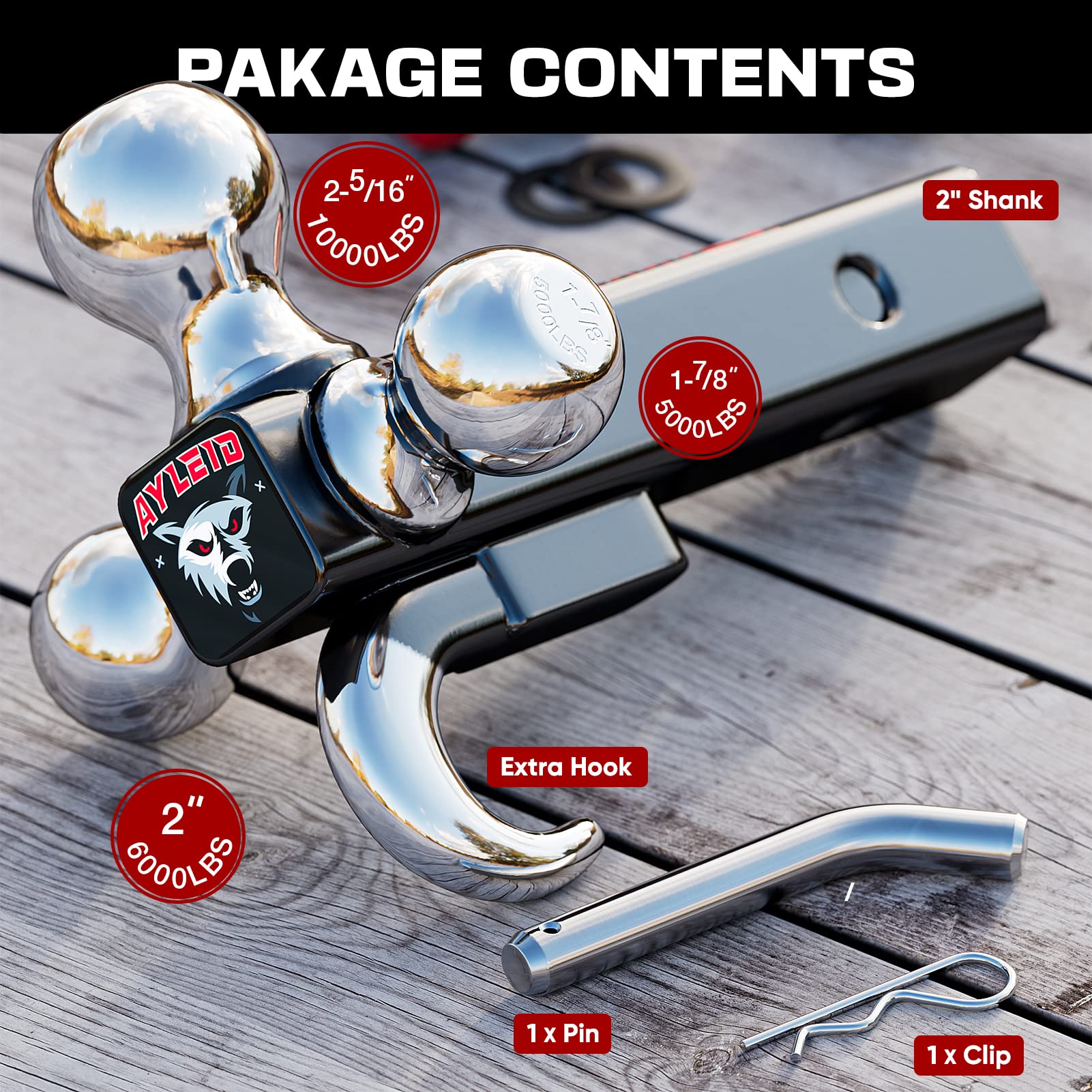Ayleid Trailer Hitch Tri-Ball Mount With Hook & Pin Balls Sized 1-7/8, 2 & 2-5/16 Inches, Tow Hitch, Silver