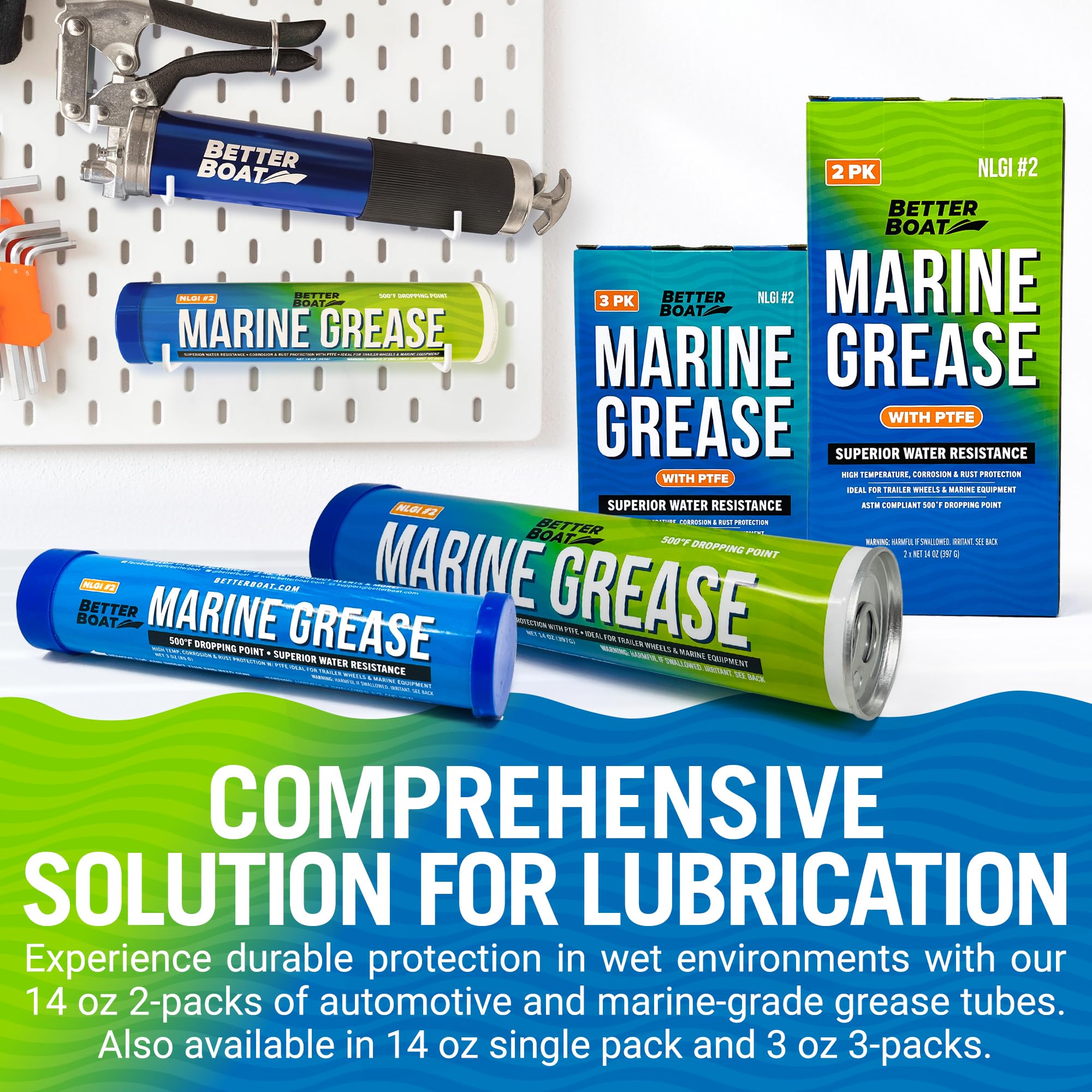 Better Boat Marine Grease Tube, 2 Pack 14 Oz, Waterproof High Temp Trailer Bearing Lubricant, NLGI 2, Compatible with Grease Gun