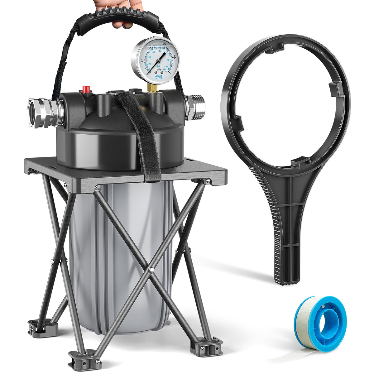 Kintim 6-Layer RV Water Filter with Stand and 0.5 Micron Filtration, 3/4'' GHT Metal Threads Garden Hose Water Filter, Reduces S