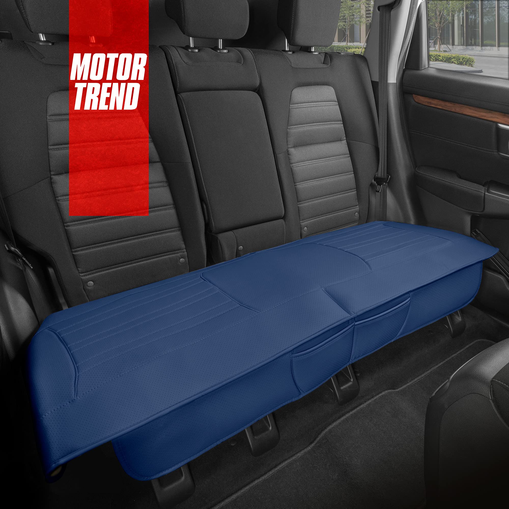 Motor Trend Seat Cover For Cars Trucks Suv, Faux Leather Rear Bench Blue Padded Car Seat Cover With Storage Pockets, Premium Int