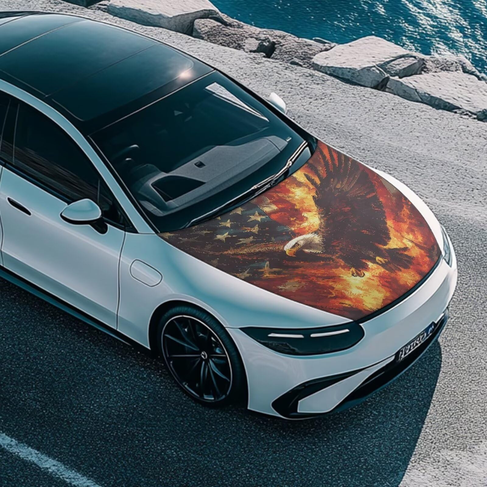 Qiyupavto Car Hood Cover, Eagle American Flag Flame Design Car Hood Protector Auto Patriotic Decorations Waterproof Auto Hood Wr