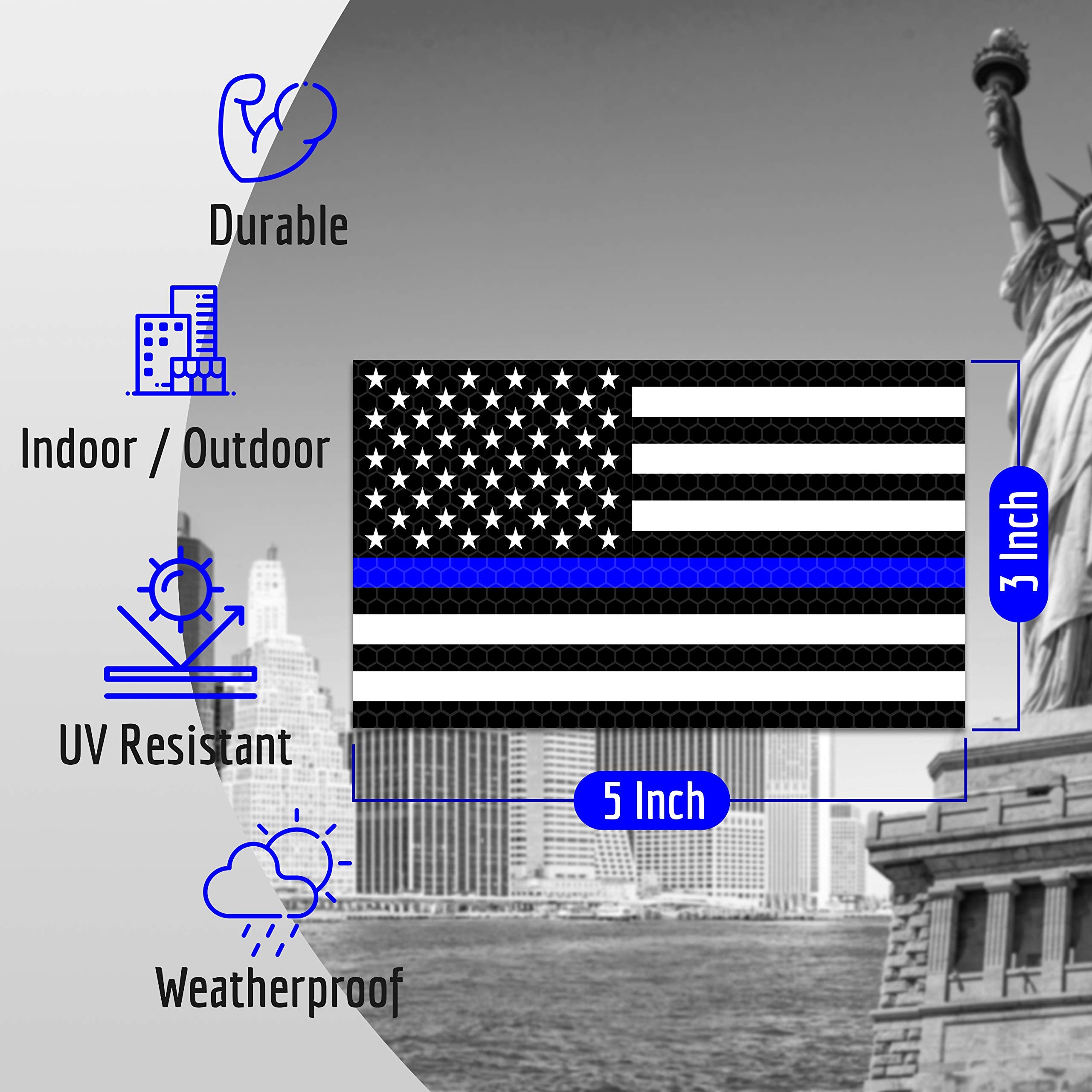 3PC Reflective Thin Blue Line Decal - 5x3 Inches - American Flag Thin Blue Line Sticker - Police Stickers - Blue Lives Matter St