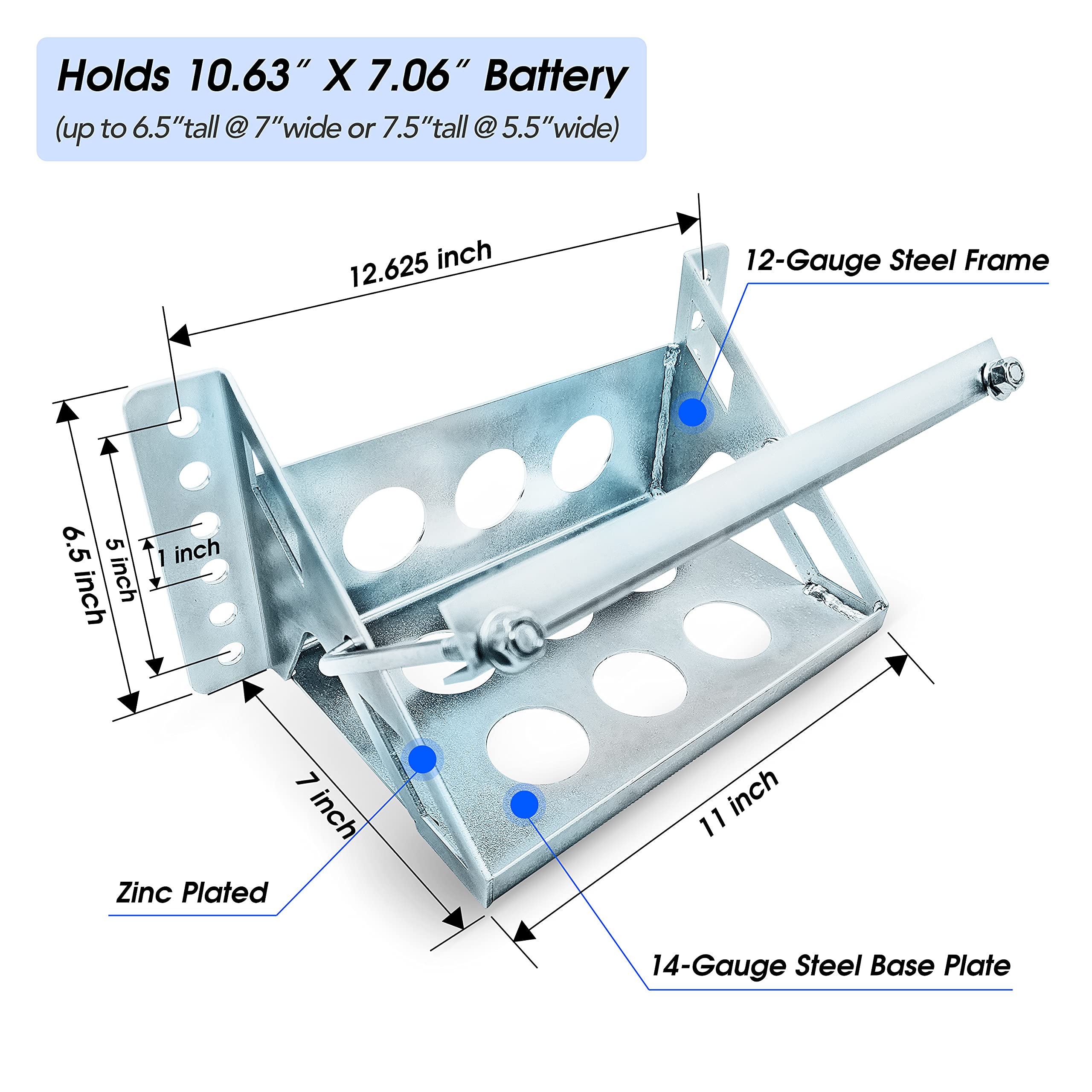 Metal Steel Bolt-In Battery Mounting Box Tray Bracket Hold Down Universal Lightweight 14.375'' Oal - Fits Up To 10.63''  7.06''