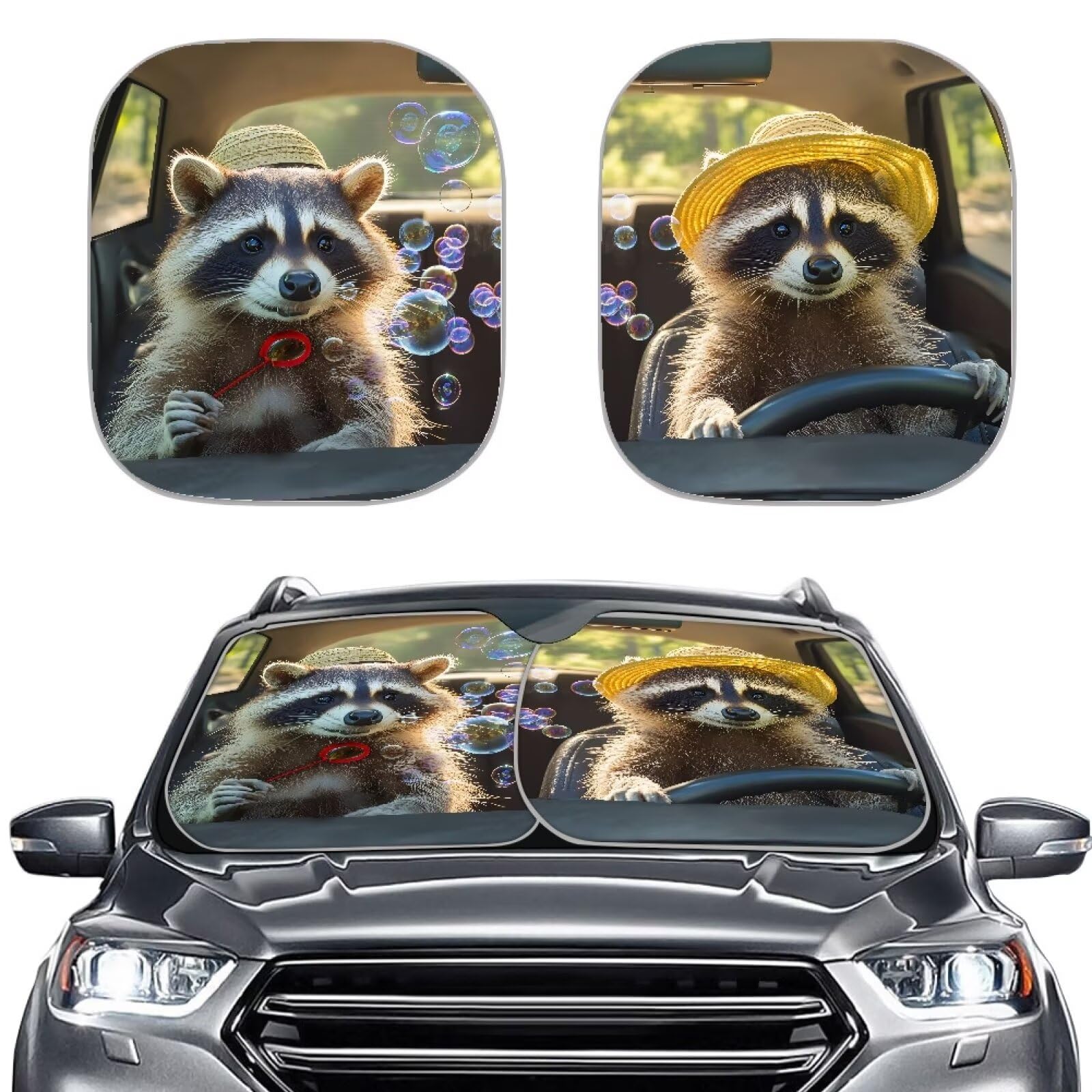 Renewold Car Windshield Sunshade Car Front Window Sun Shade For Most Sedans Suv Truck Raccoon Animal Driving Auto Sun Blocker Vi
