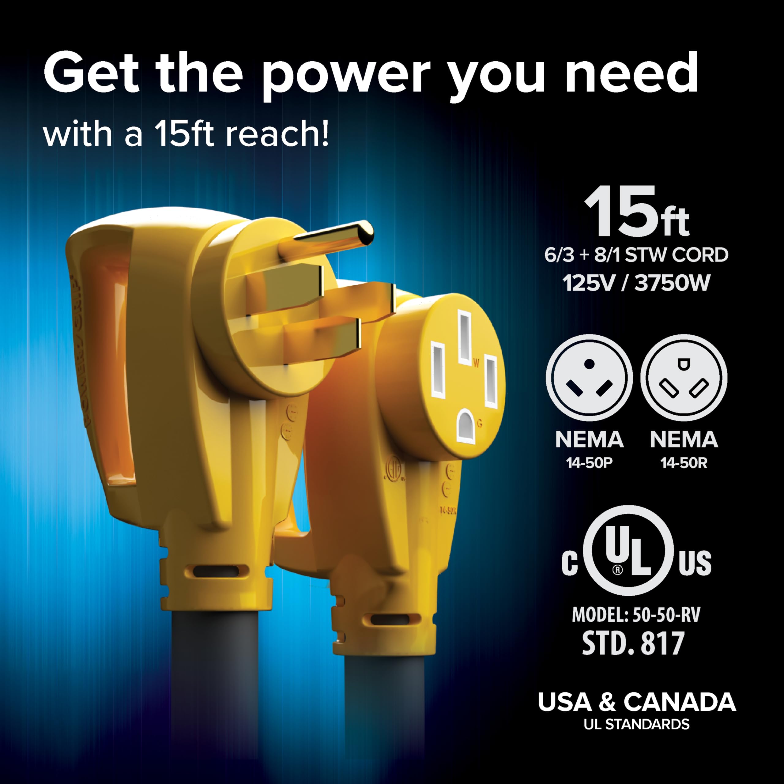 Camco Power Grip 15-Ft 50 Amp Rv Extension Cord - Rated For 125/250 V/12,500 W - Features Copper 6/3 + 8/1-Gauge Wires For Super