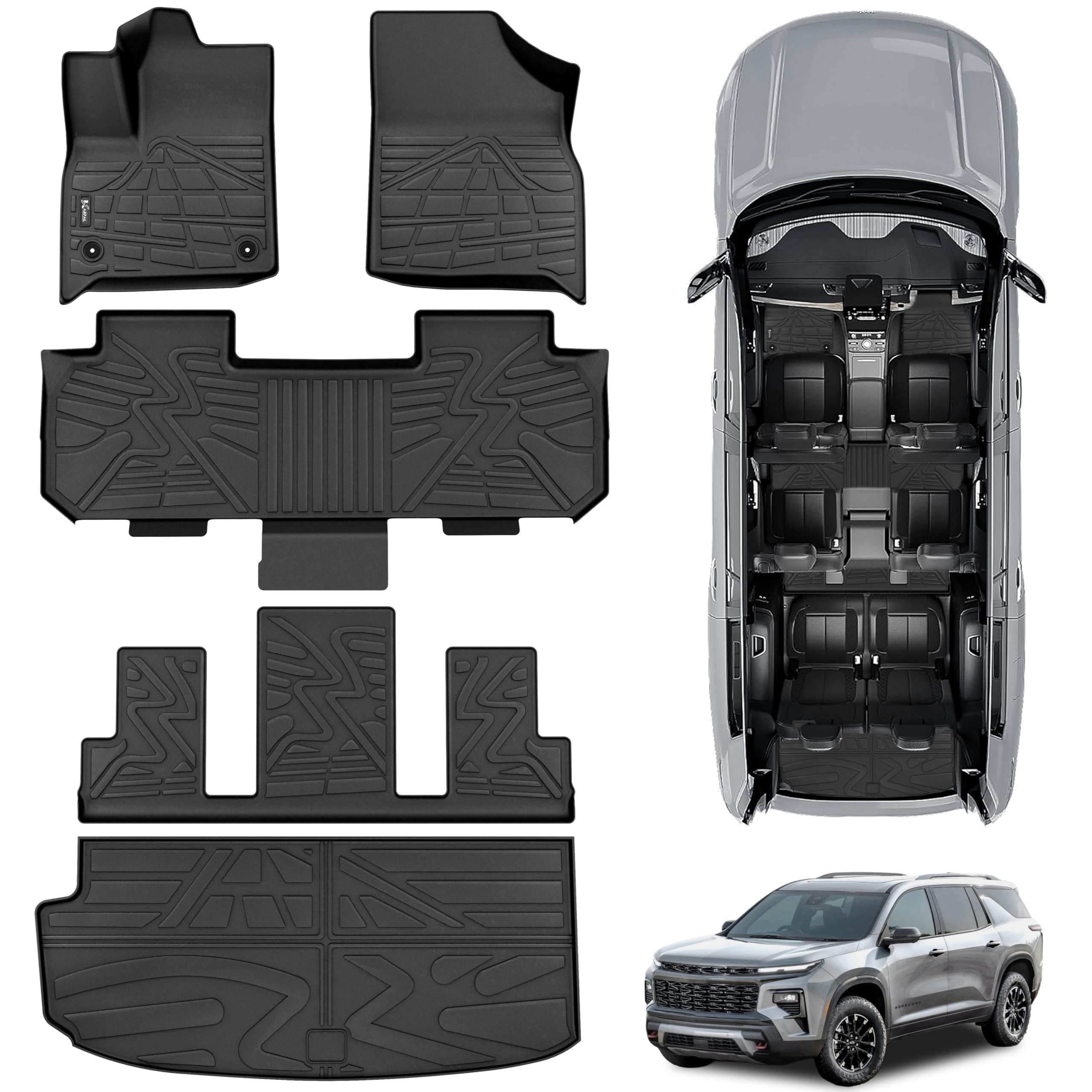 Karpal Floor Mats Fit For 2018-2024 Chevrolet Traverse 7 Seats With 2Nd Row Bucket Seats, Tpe Rubber All-Weather Protection Heav