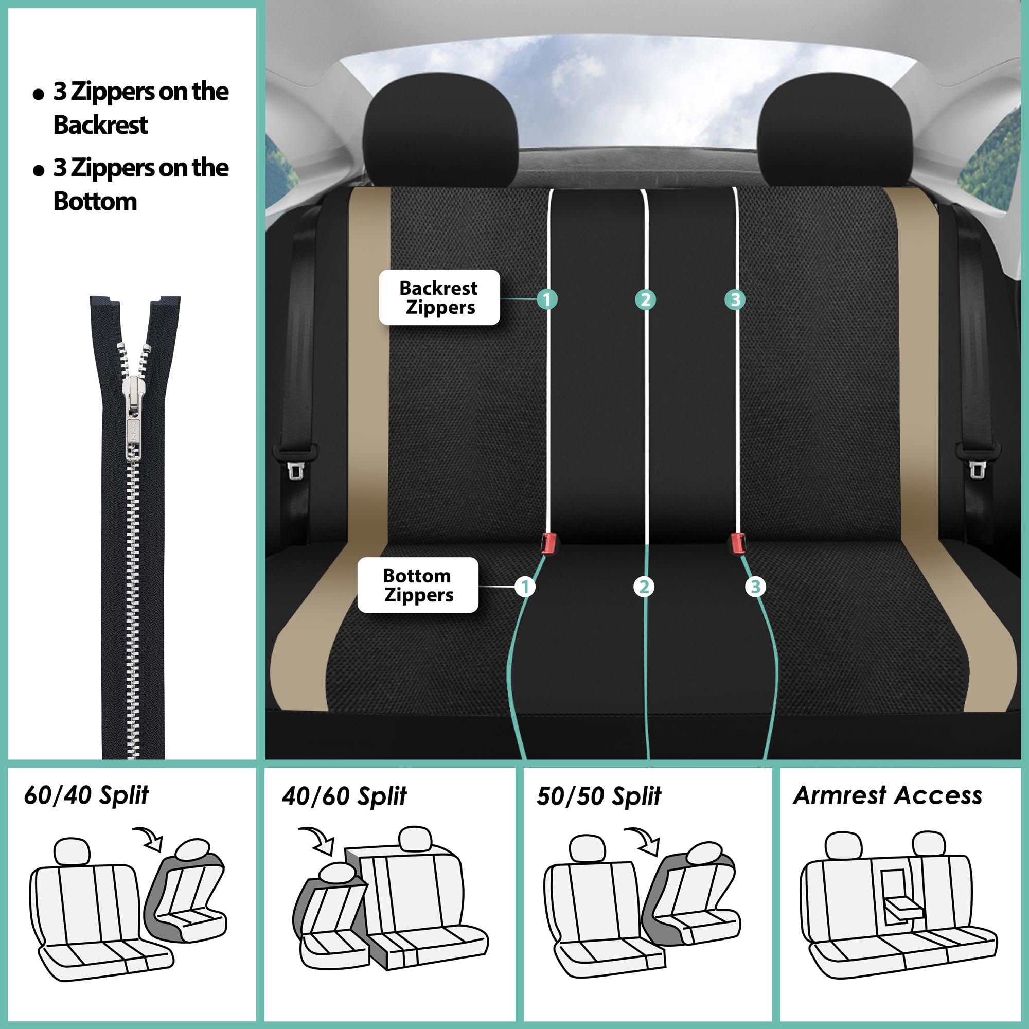 Fh Group Sports Car Seat Cover Split Bench Automotive Seat Cover Fits Detachable Headrests And Split Seats Beige Car Seat Covers