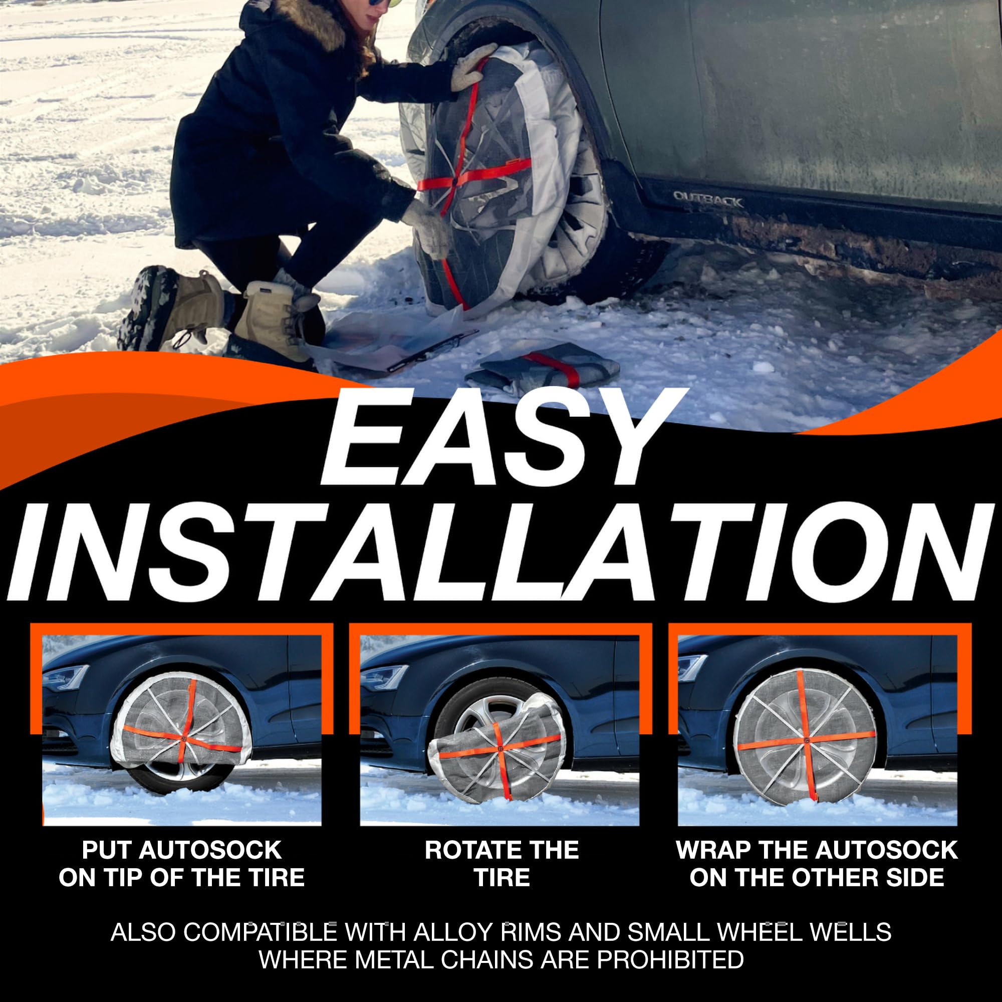 AUTOSOCK HP600 Snow Socks for Passenger Vehicles - Pack of 2, Tire Traction Aids for Winter Driving