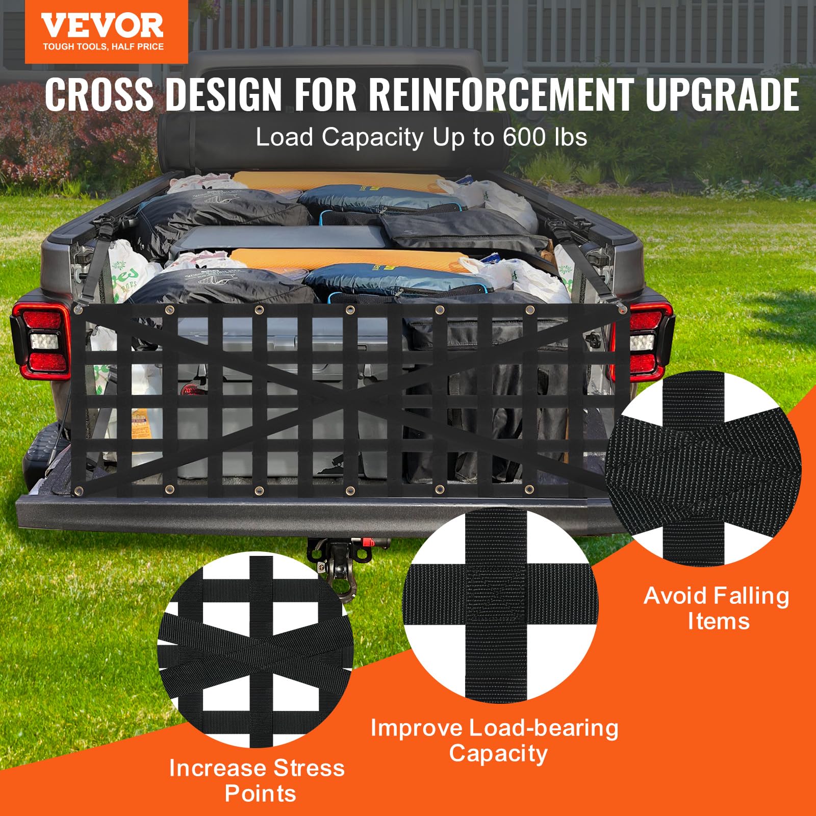 VEVOR Tailgate Net for Truck Bed, 54 in x 18 in, Cargo Net Durable with 4 Adjustable Buckle Straps, Cross-Reinforced Design, Ext