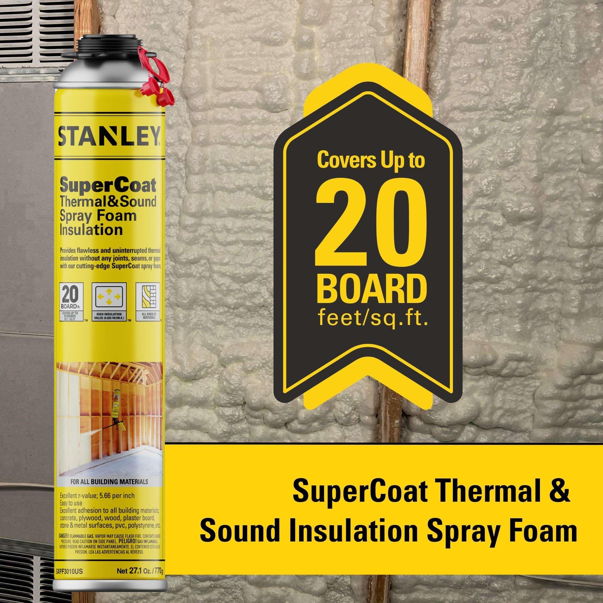 STANLEY Supercoat Spray Foam Insulation - Closed Cell Spray Foam Covers Up to 240 Sq.Ft. Gun Use, Gun Not Included, 27.1 oz, 12