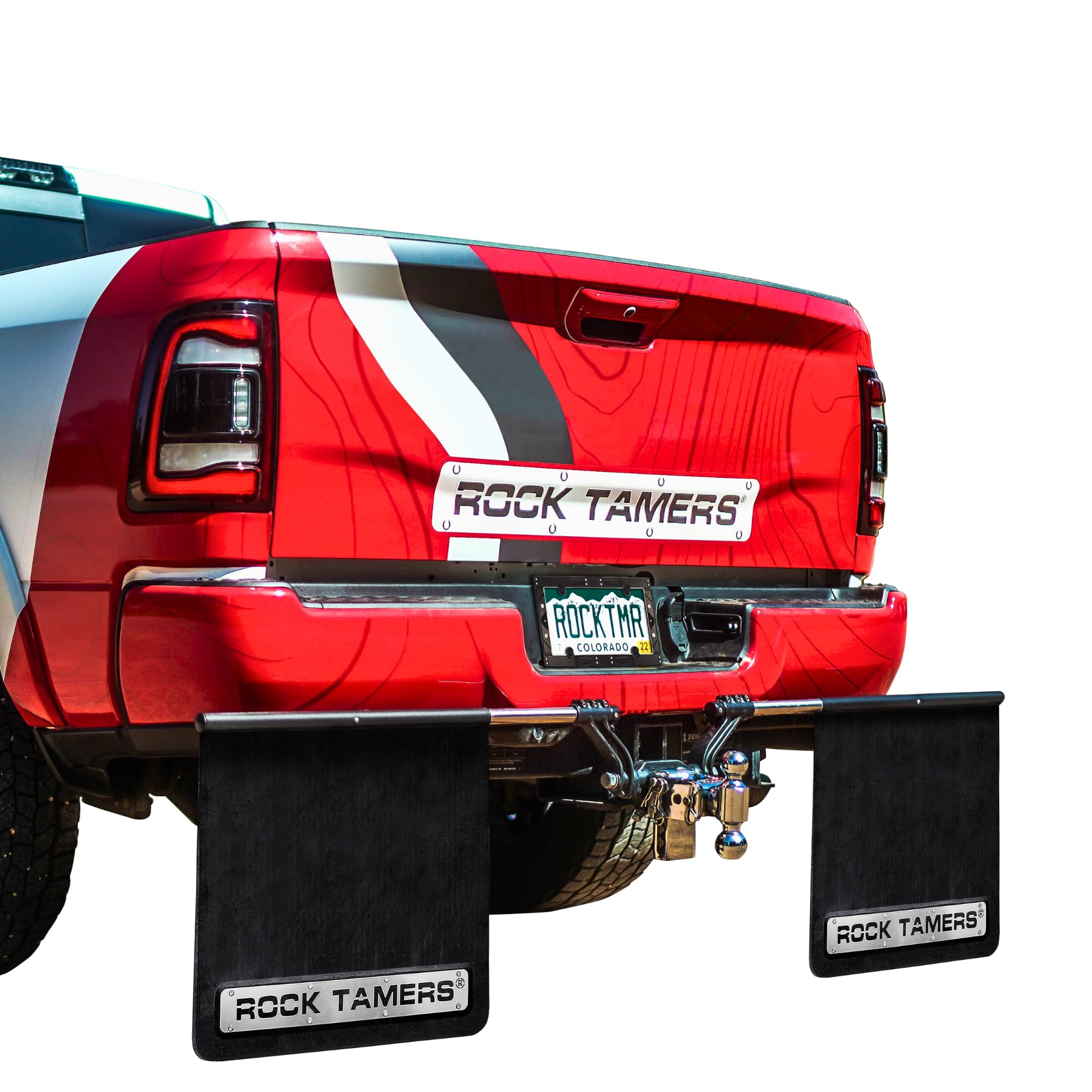 Rock Tamers Hitch Mounted Mud Flap System - 2.5" Receiver, Matte Black/Stainless Steel, Model 00110, Adjustable & Removable