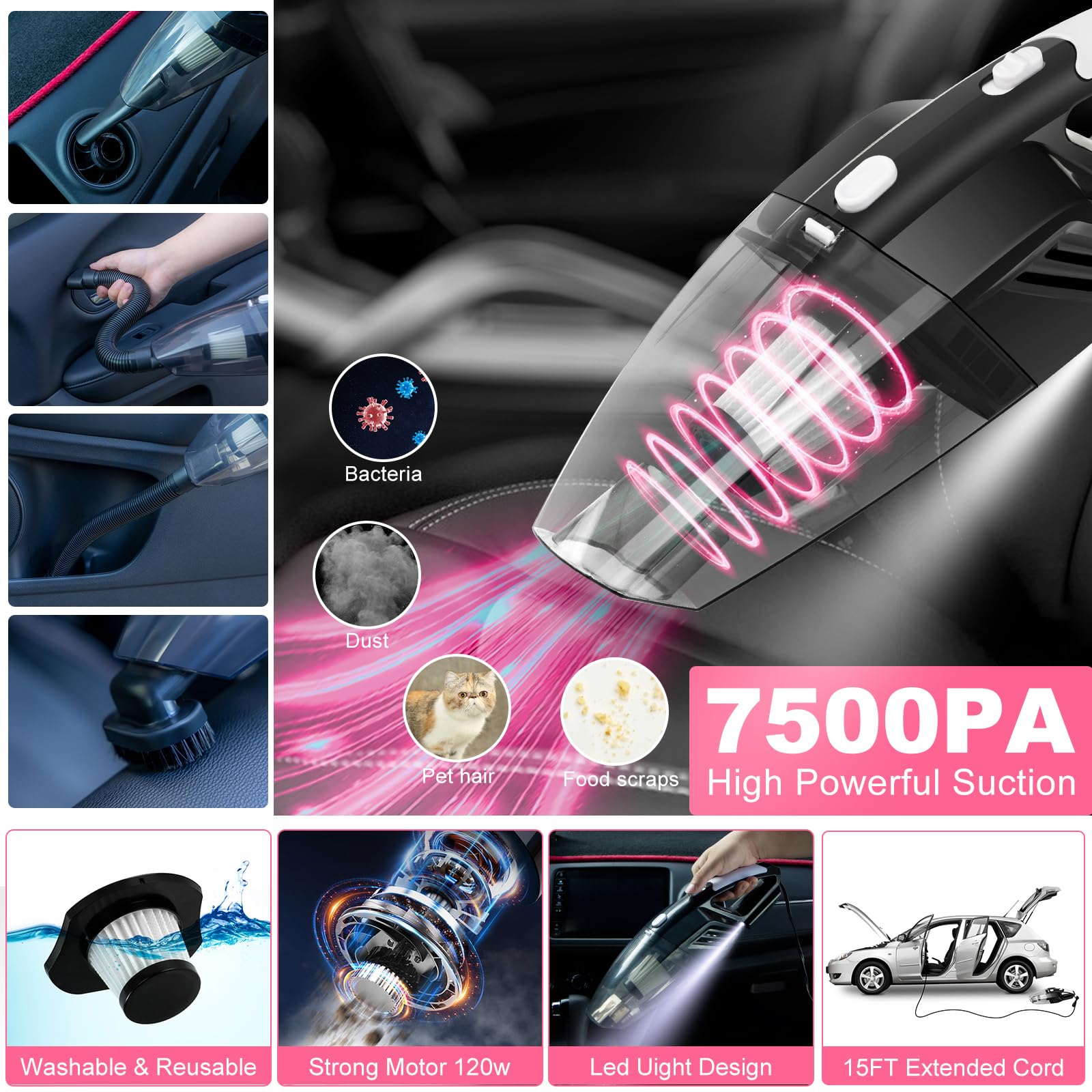 Autodeco 39Pcs Car Cleaning Wash Kit Interior Detailing Cleaner Kit With High Power Handheld Vacuum, Brush Set, Windshield Tool,