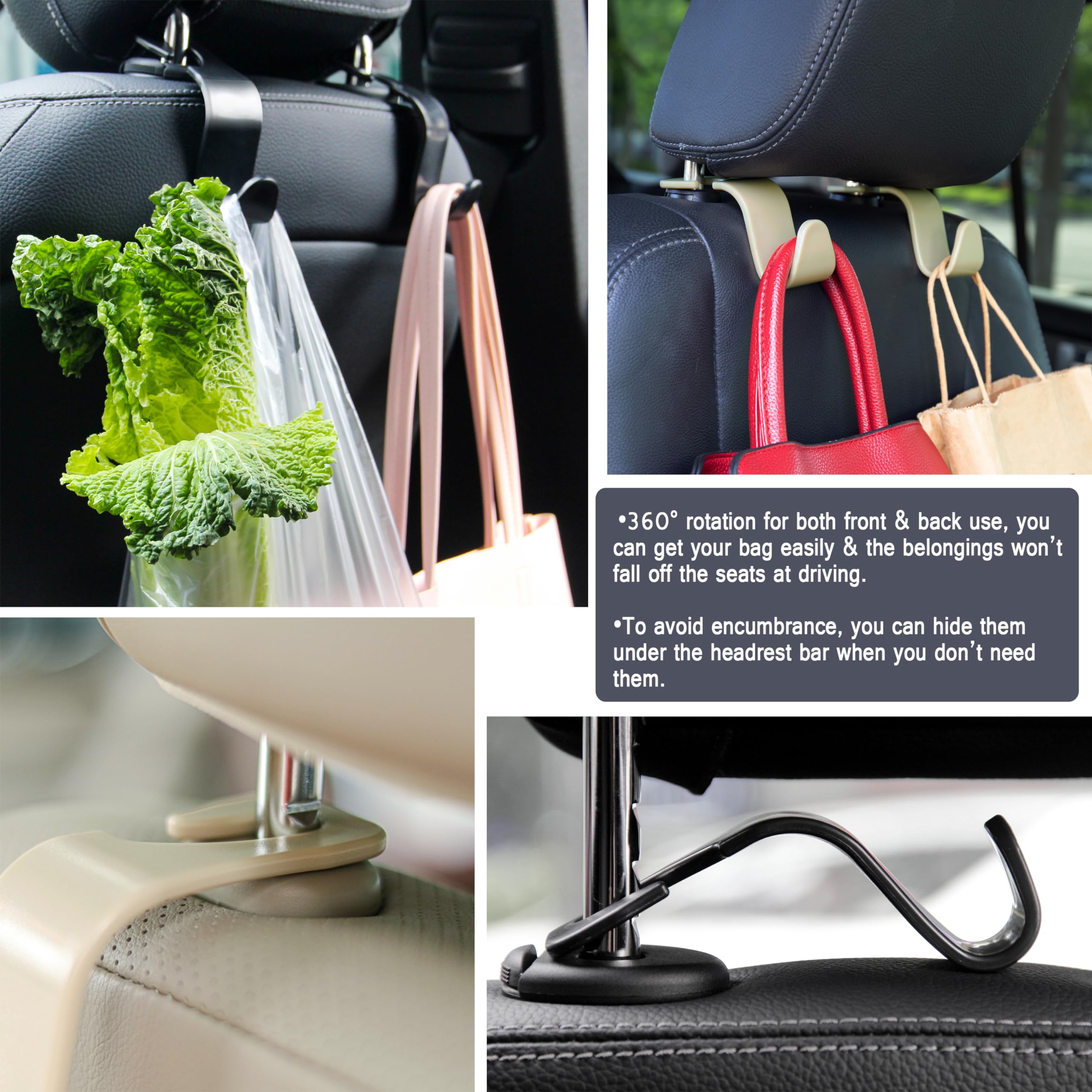 Amooca Universal Multifunctional Car Vehicle Headrest Hook, Organizer Hanger Storage Hook For Bag Purse Cloth Grocery (Beige Set