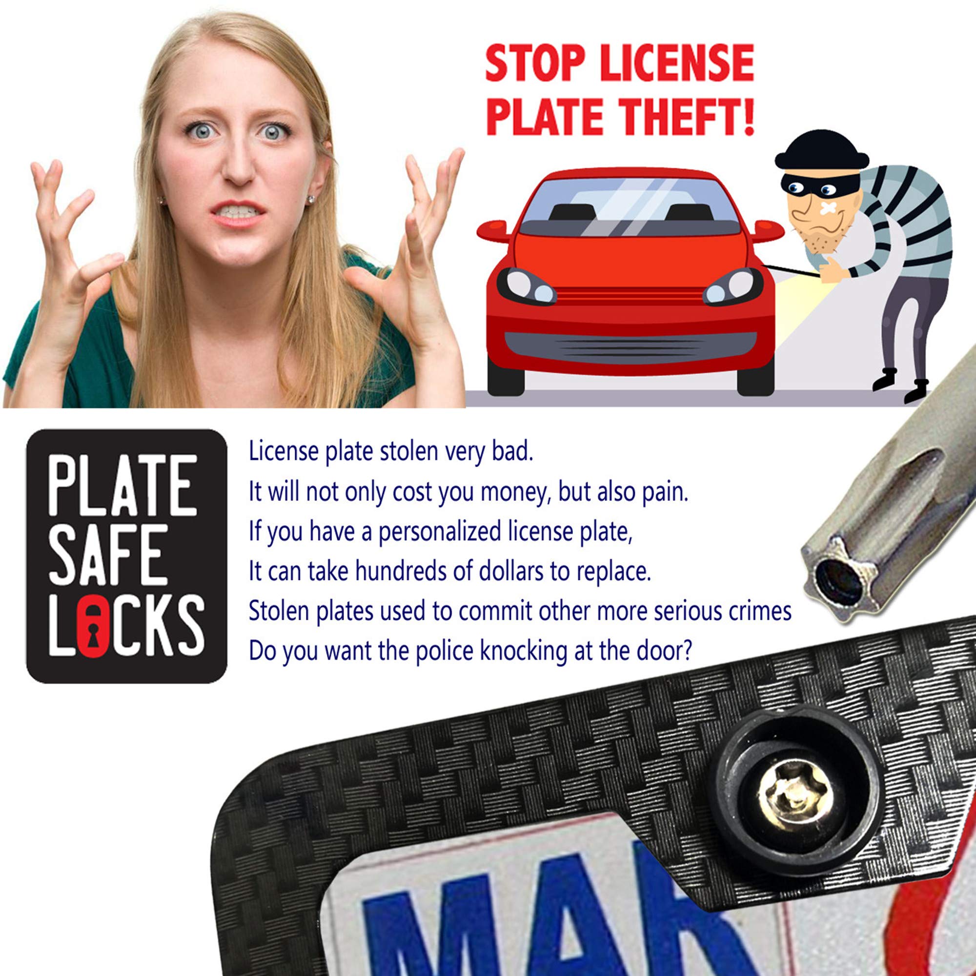 Aootf Stainless Steel License Plate Screws - Anti Theft License Plate Frame Bolts Tamper Resistant Fasteners | 1/4(M6) Security Machine Screws | Qty 8 | For Protection License Plates On Cars Trucks