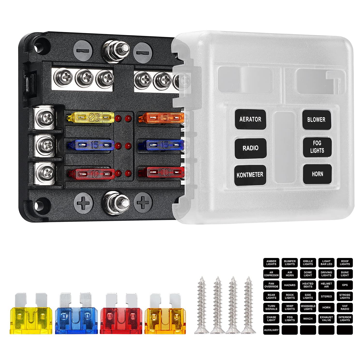 Deyooxi 6 Way Fuse Block,12V Blade Fuse 6 Circuit Atc/Ato Waterproof Fuse Box Holder With Led Indicator Waterpoof Cover For 12V/