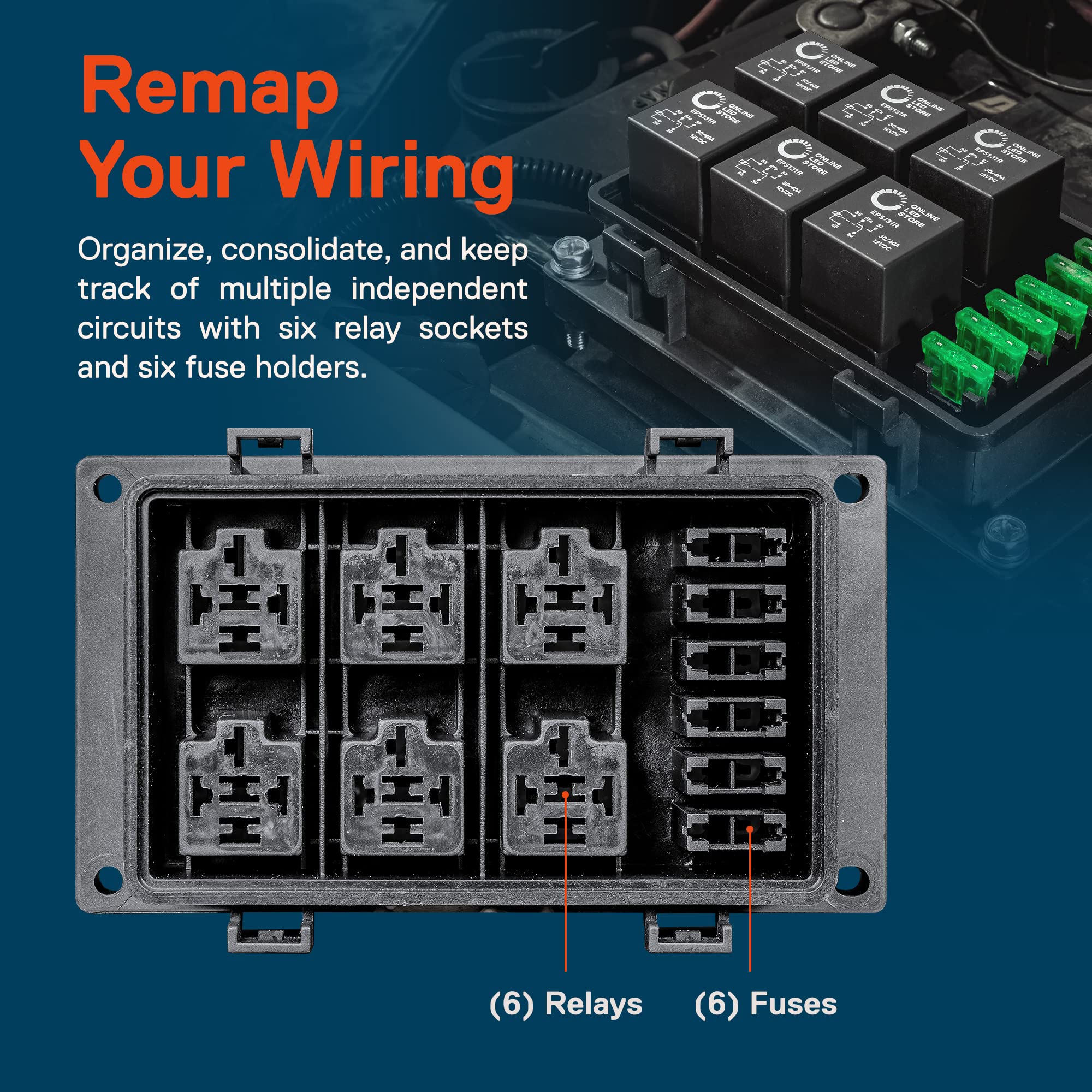 True Mods 12V DC Auto Waterproof Fuse 5-Pin Relay Box Block [6 Bosch Style Relay Holder] [6 ATC/ATO Fusible Holder] Universal Re