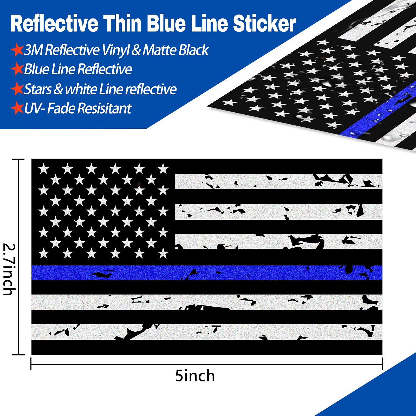 3 Pack Reflective New Tattered Thin Blue Line Us Flag Decal Stickers | Compatible With Cars & Trucks, 5'' X 2.7'' American Usa F