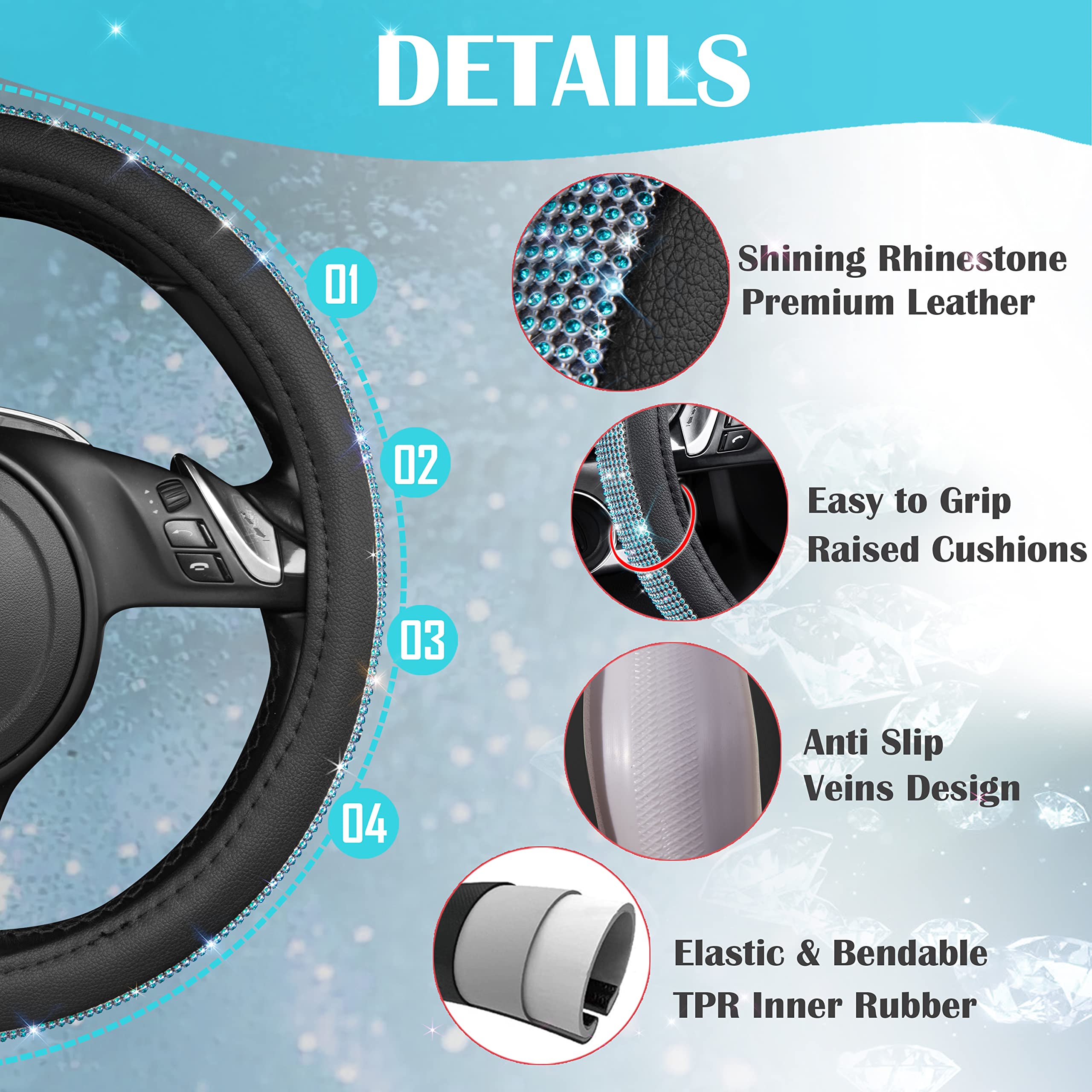 Car Pass Mint Diamond Black Leather Steering Wheel Cover, Bling Blue Crystal Rhinestones Universal Fit 14''1/2-15'' Crystal Glit