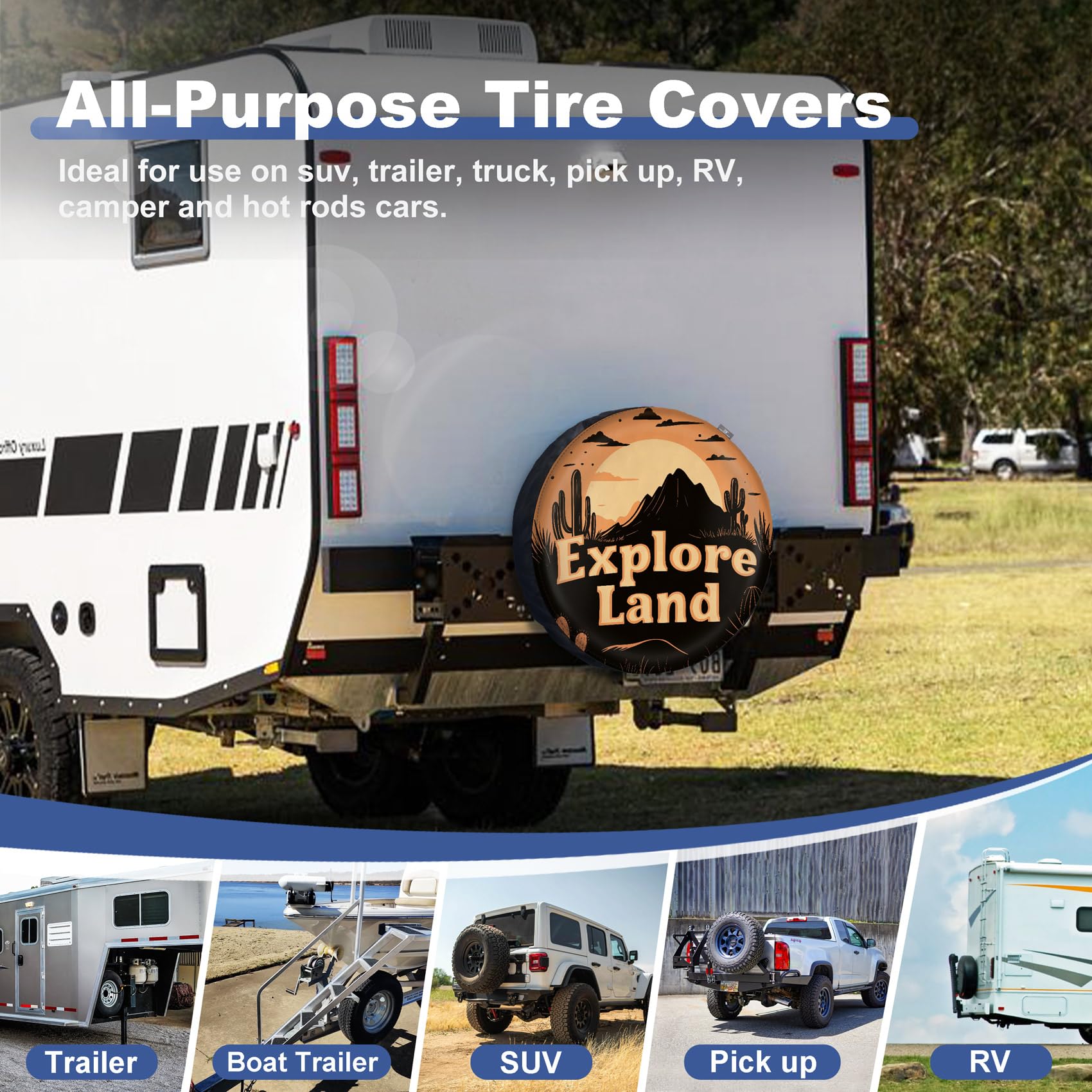 Explore Land 26-27.75 inch Spare Tire Cover Fit Trailer, RV, SUV, Truck, Tough Tire Wheel Soft Cover, Landscape