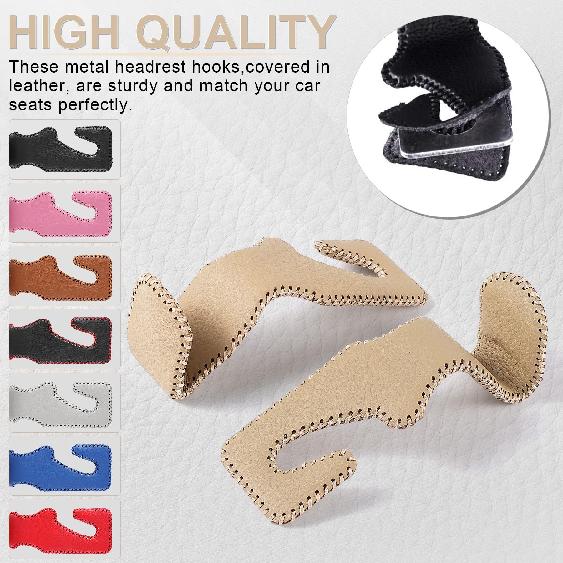 Livtee Beige Superior Leather Car Seat Back Headrest Hook, Auto Seat Hook Hangers Interior Accessories For Purse Coats Umbrellas