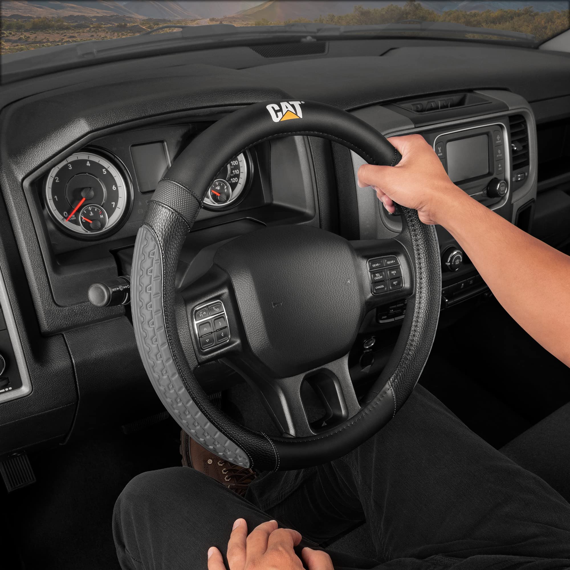 CAT DuraGrip Car Steering Wheel Cover, Gray Tire Tread Traction Design, Auto Steering Wheel Cover for Cars Trucks Vans SUVs, Imp